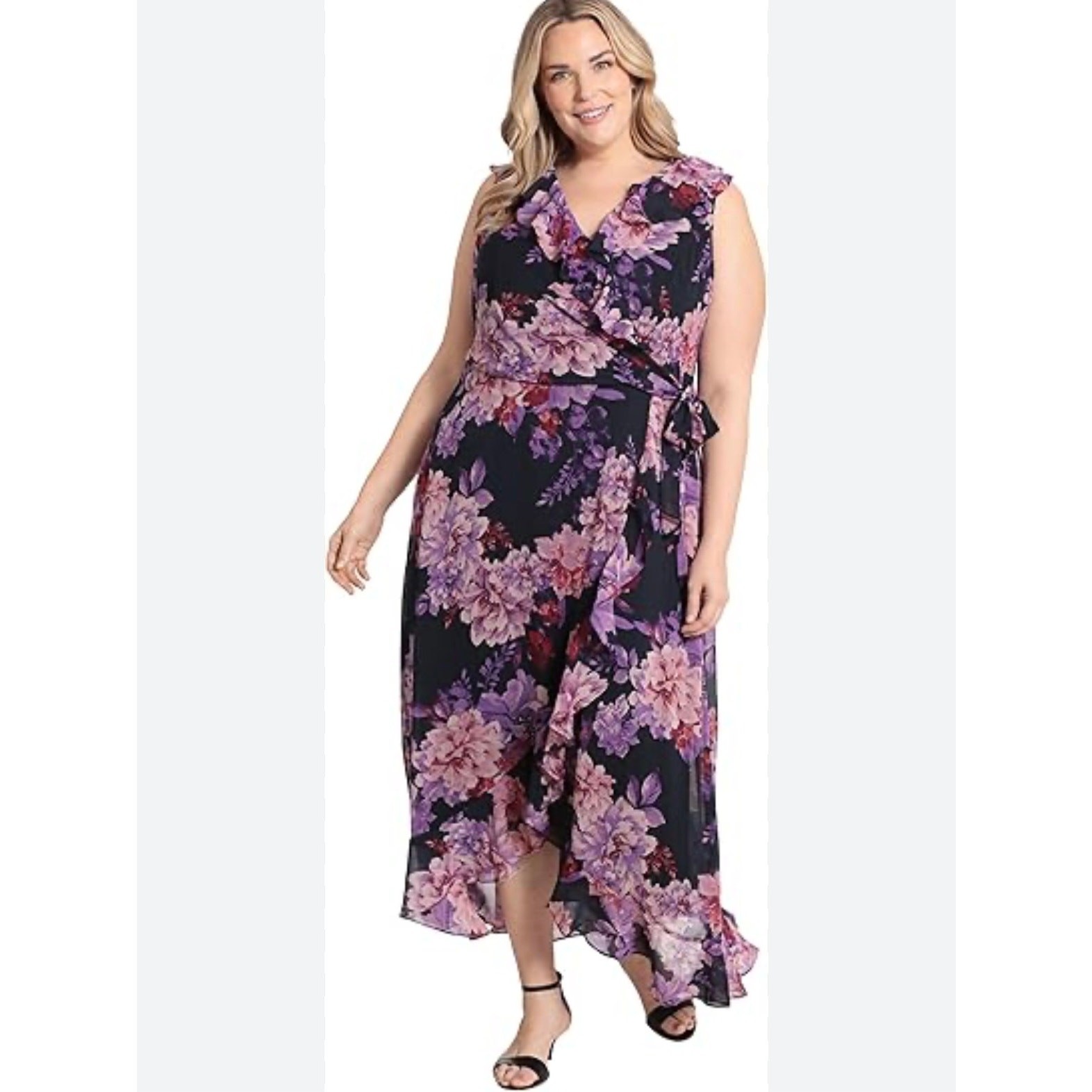London Times Woman Navy Chiffon Faux Wrap Ruffle High Low Maxi Dress Size 20W