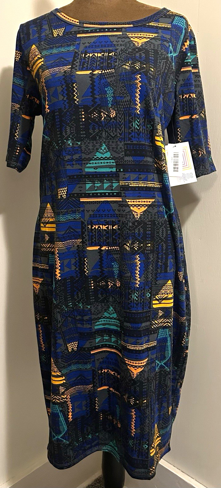 LuLaRoe Blue Geometric Knit Half Sleeve Scoop Neck T-Shirt Dress Women’s L