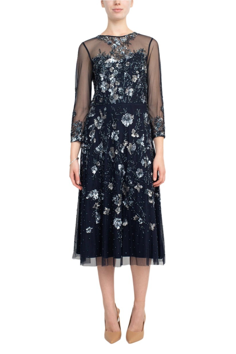 Adrianna Papell Floral Sequin Beaded Sheer Navy Dress NWT Size 6