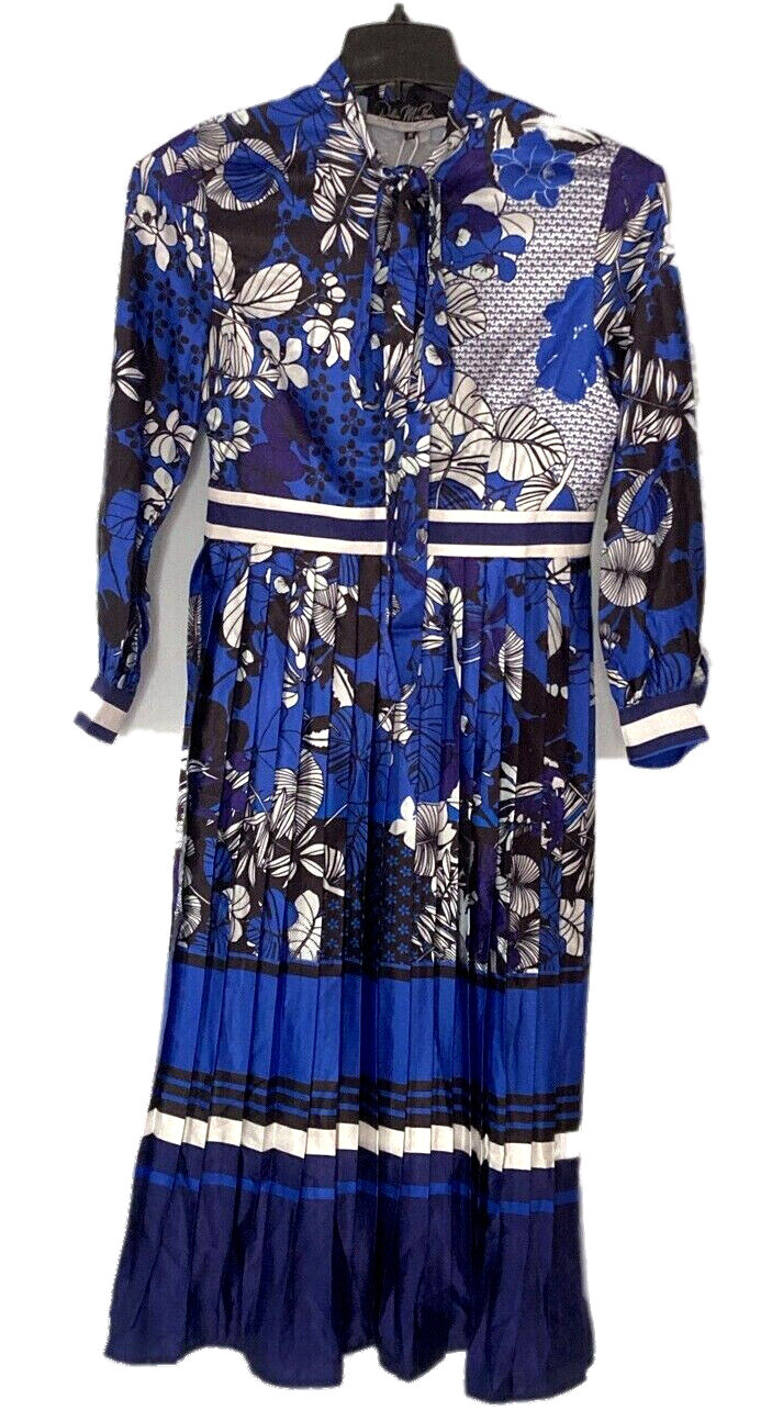 NWT Dalia MacPhee Floral Pleated Skirt Satin Fluid Dress Women Sz M Royal Blue