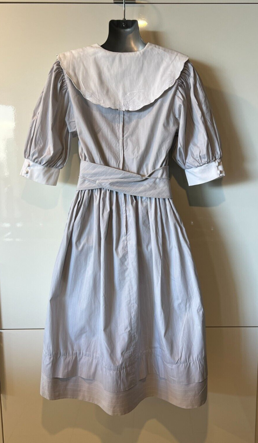 PRUE ACTON Vintage 70s Grey/White Stripe Collared, Cotton Dress 8-10AUS/4-6US
