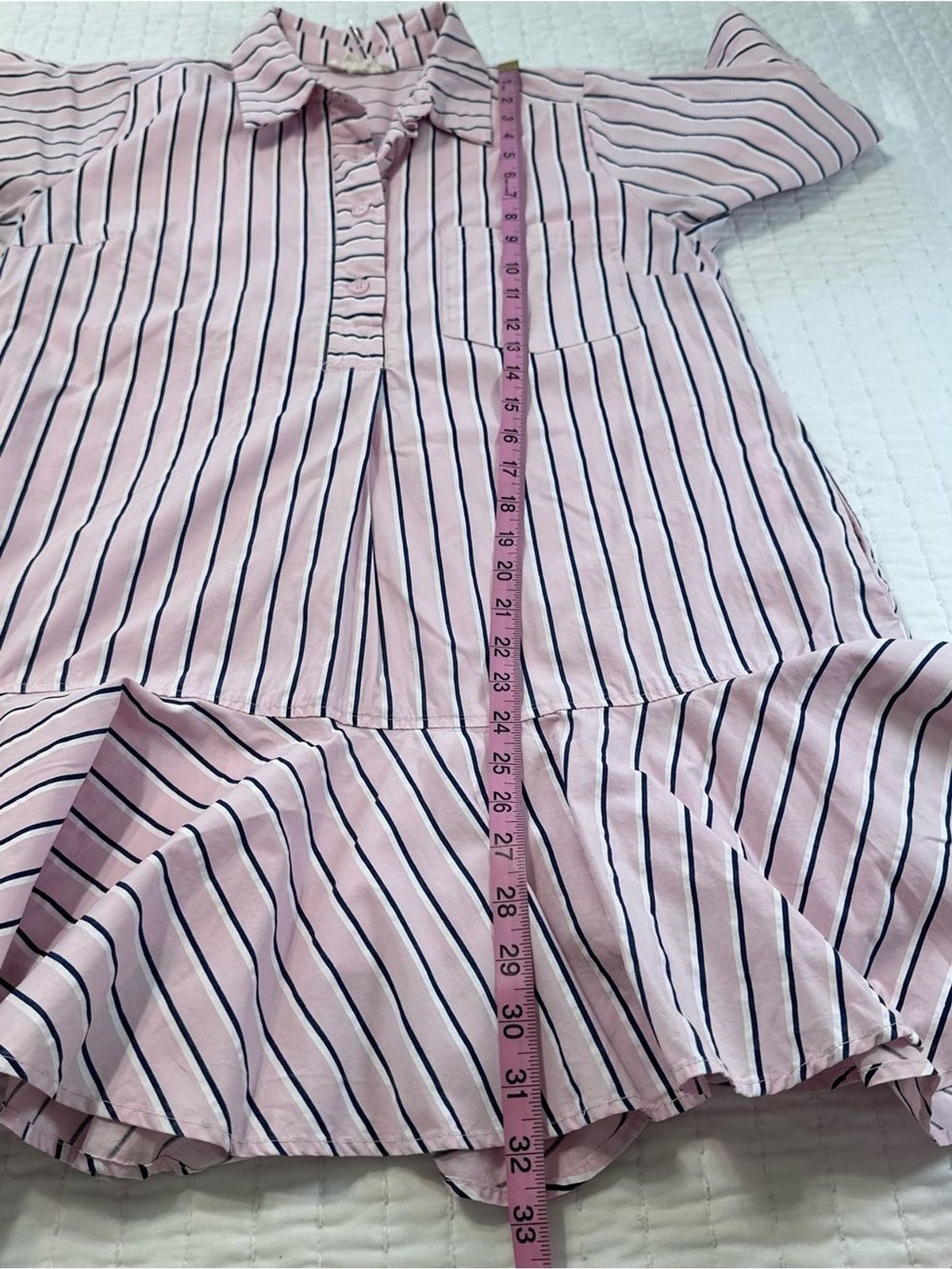 Entro Pink White and Navy Parker Striped Ruffle-Hem Mini Shirt Dress Size S