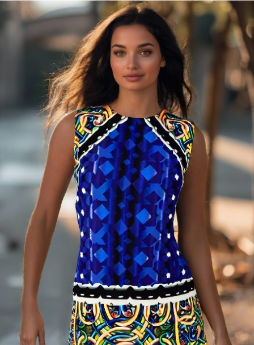 Peter Pilotto Dress Size 2 Blue Print Sleeveless Crewneck Lined Sheath Portugal