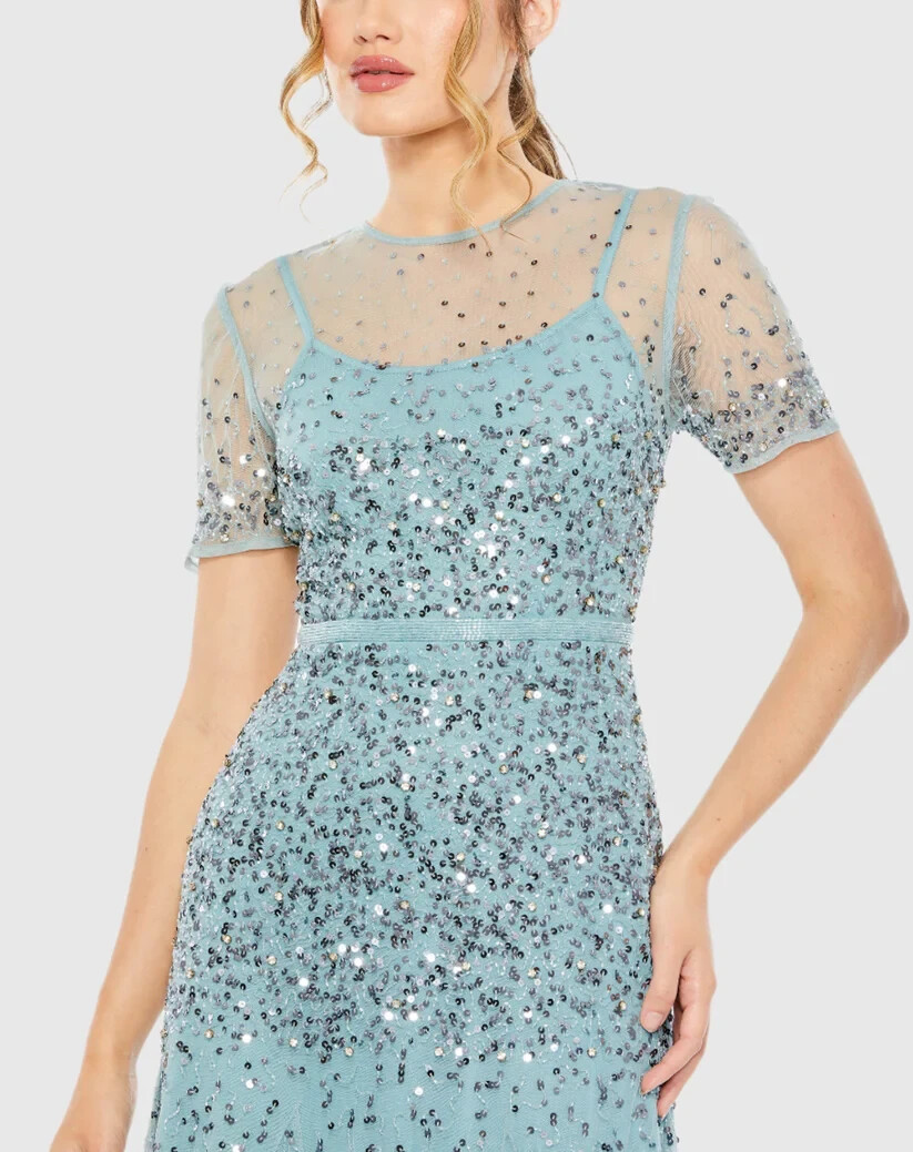 MAC DUGGAL HIGH NECK SHORT SLEEVE SEQUIN EMBELLISHED DRESS BLUE SZ 8 93909 NEW