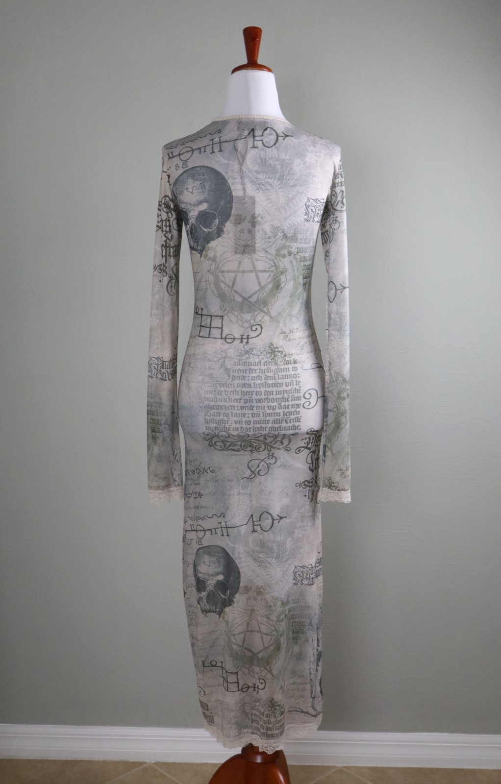 WIDOW Dolls Kill NWT Stretch Sheer Mesh Spell Skull Lace Trim Maxi Dress Size XS
