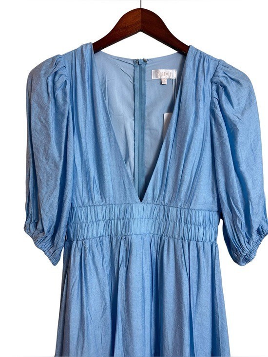 NEW Billy J Erin Tiered Plunge V Neck Midi Dress in Sky Blue Size 8 NWT $110