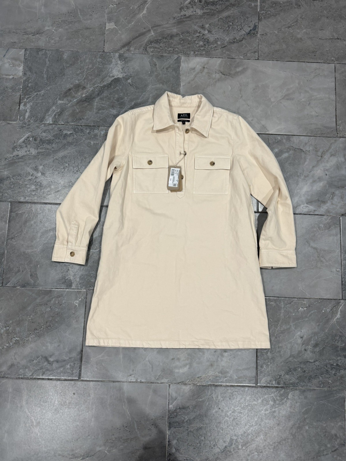New with Tags A.P.C. RUE MADAME PARIS Beige Denim Shirt Dress Size 42 Tunisia