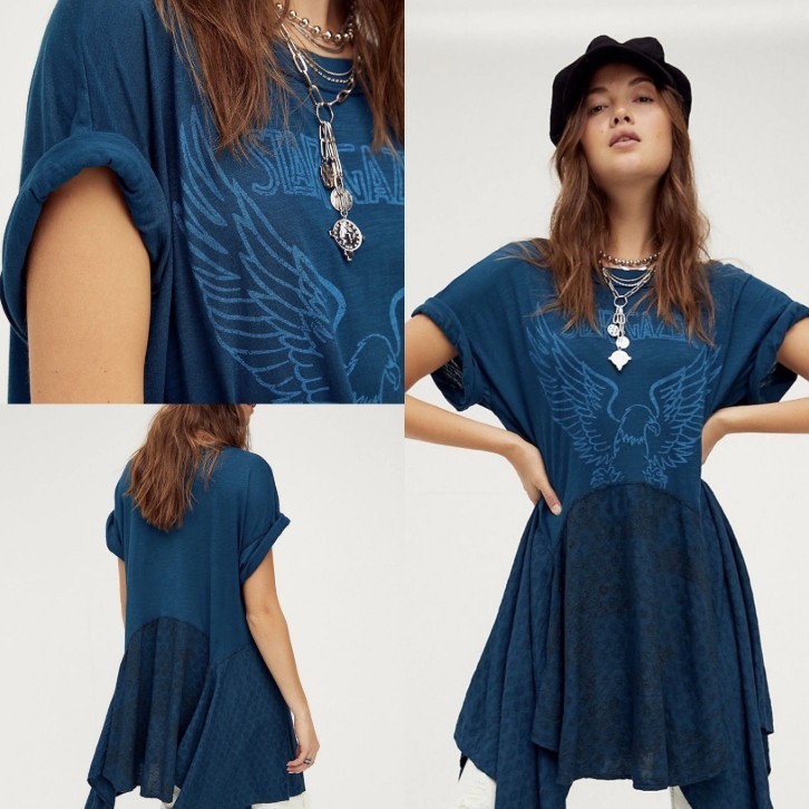 free people THE JERRY LOUNGE teal blue star gazer eagle boho t shirt DRESS top S
