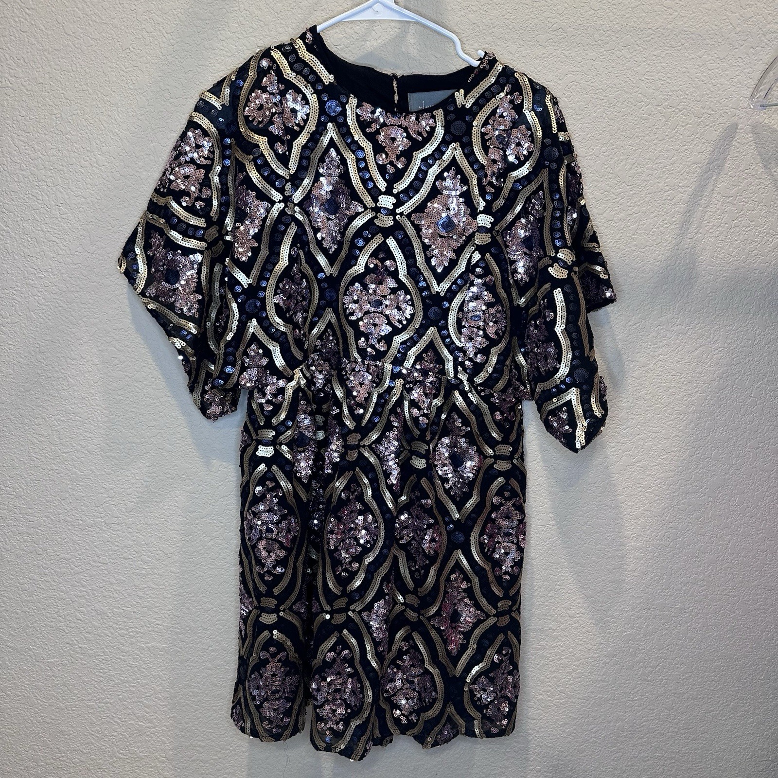 Anthropologie Sequin Mini Dress Small Black Gold Pink Party Cocktail Statement