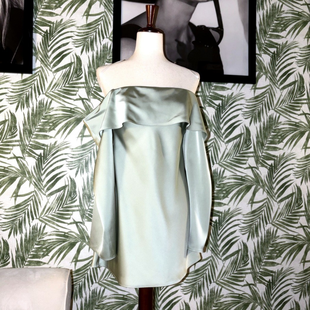 House of Harlow 1960 x Revolve Cassia Satin Mini Dress Sage Off-Shoulder