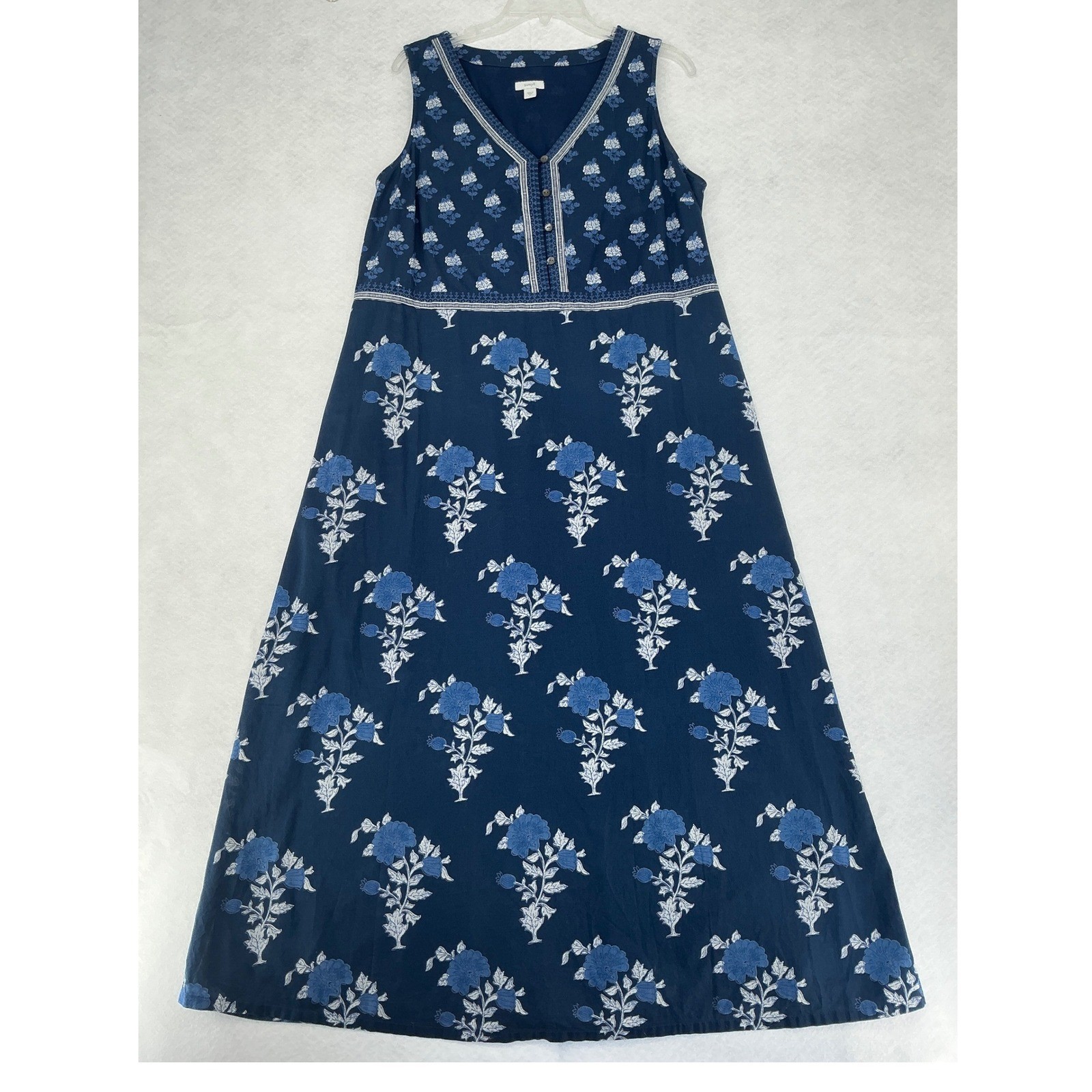 Pure Jill Maxi Dress Womens Medium Blue Floral Cotton Block Print Boho Pockets