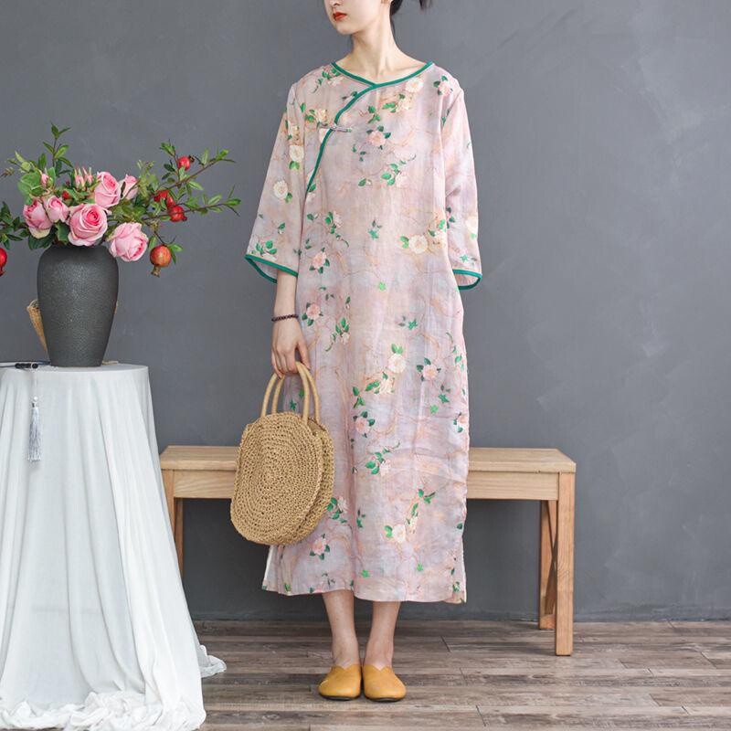 Ethnic Ladies Floral Qipao Dress Cheongsam Midi Loose Frog Button Elegant Casual