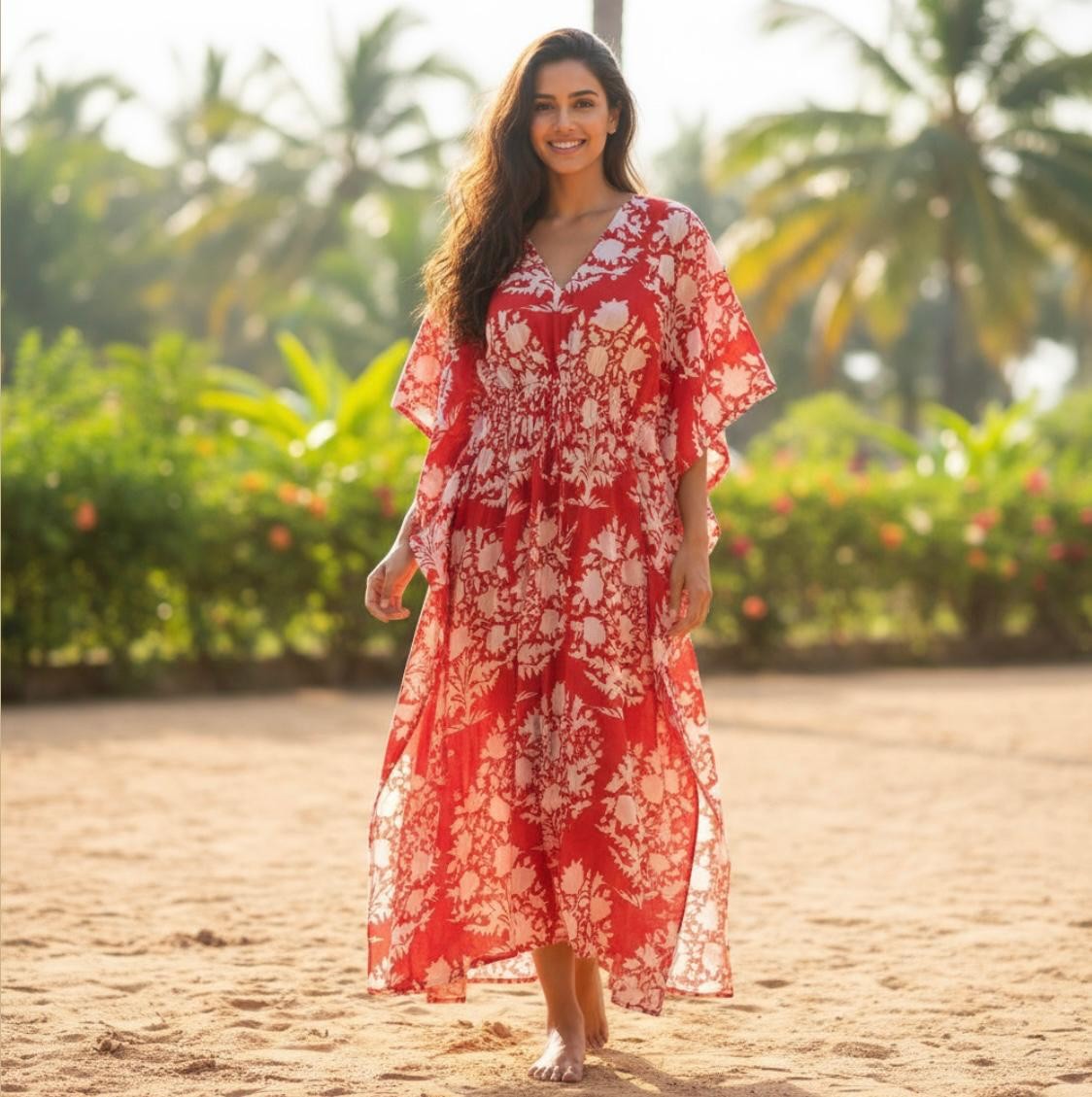 Anokhi Hand Block Indian Cotton Kaftan Long Caftan Beach Wear Night Maxi Gown