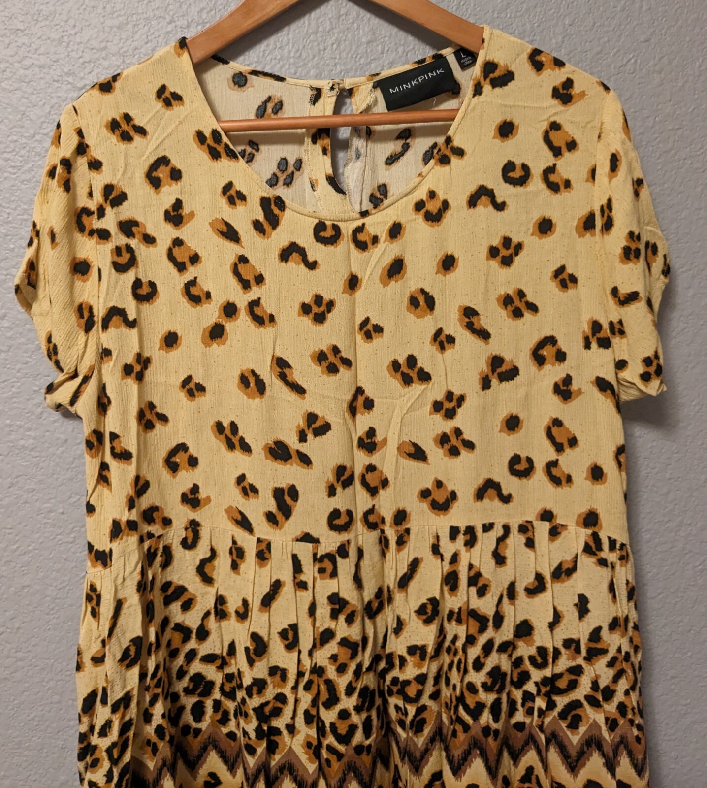 MinkPink Wild Things Mini Leopard Cheetah Boho Babydoll Dress Sz L