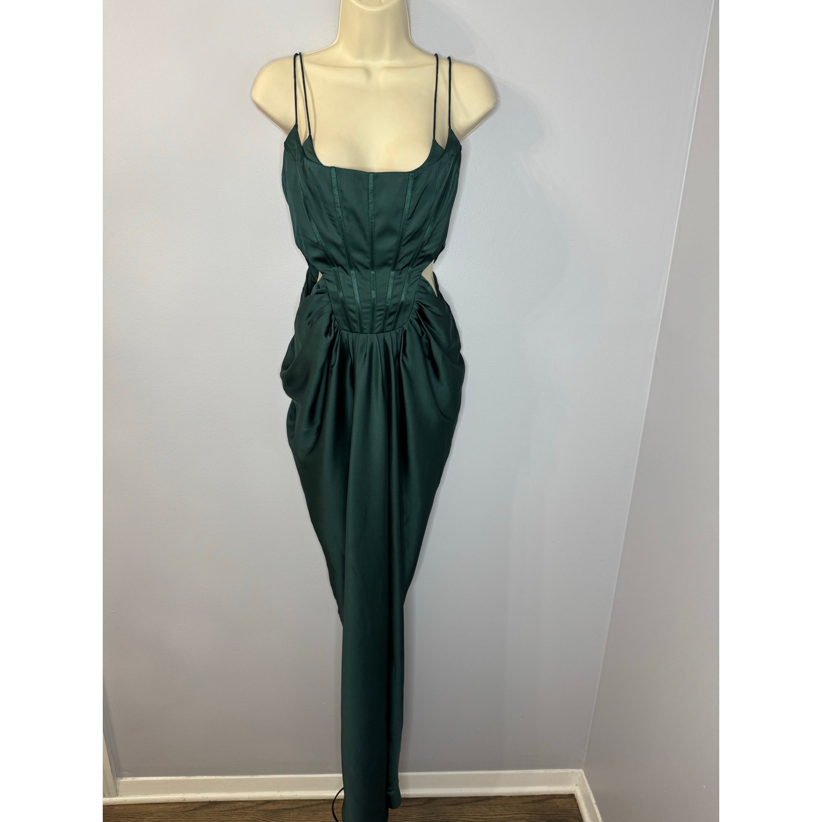 ASOS Women’s Green Corset Boned Satin Cut Out Maxi Dress With Draped Skirt Sz 4