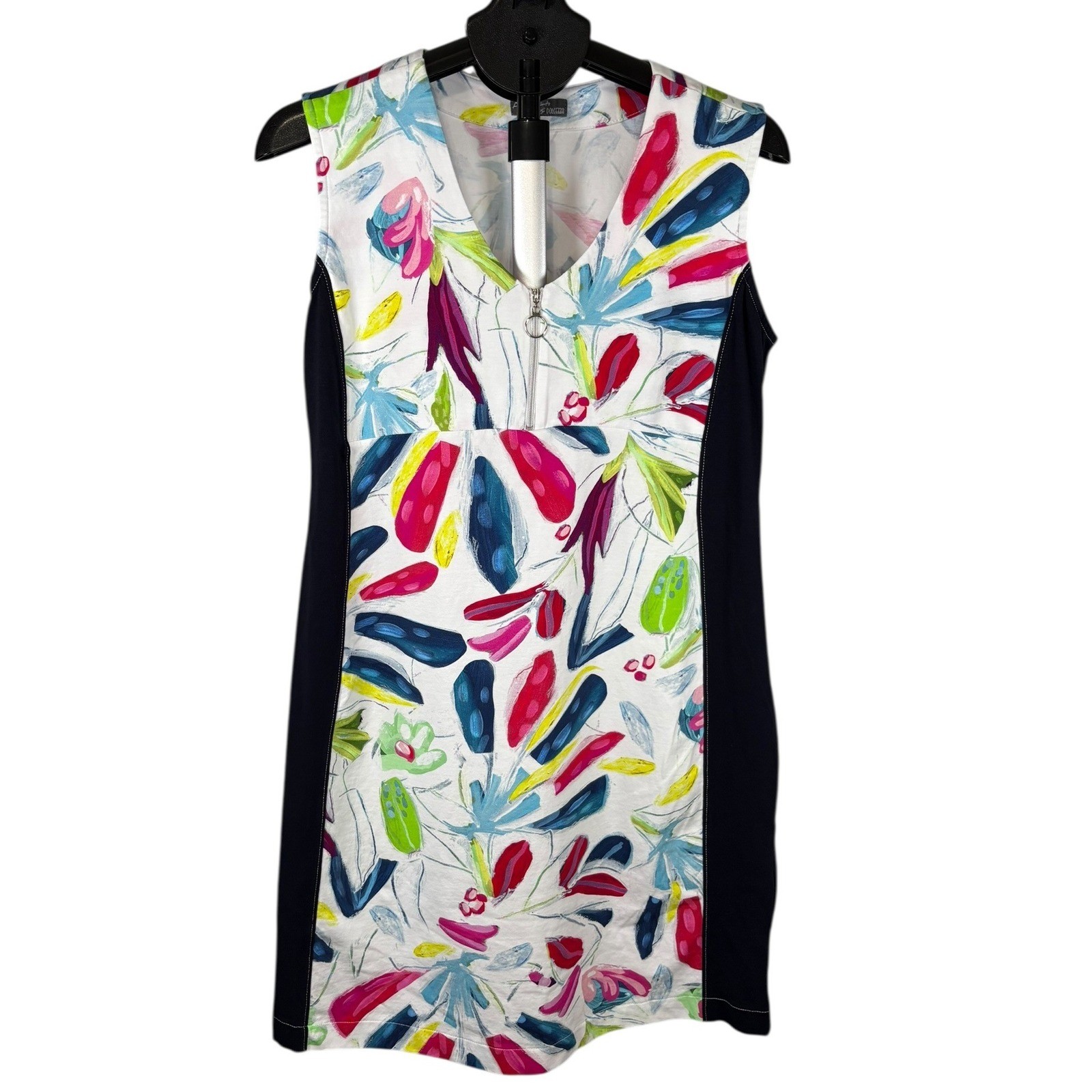 Simply Art by Dolcezza Womens Abstract Floral V-Neck Zip Sleeveless Shift Dress