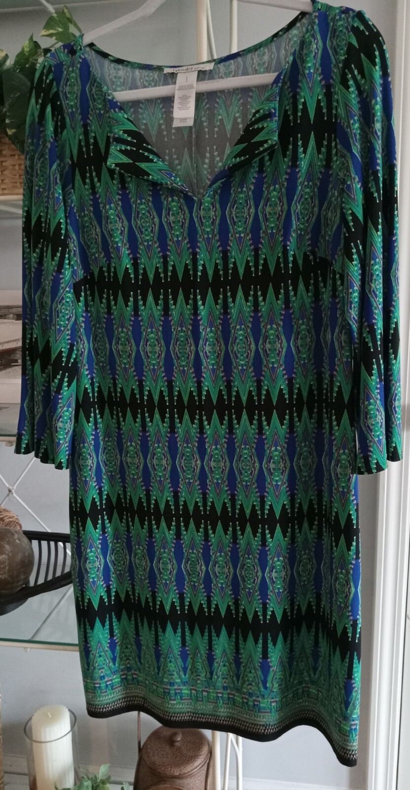 Laundry by Design Geometric Ikat Shift Dress Blue Green Sz 8 Mod Resort Vacation
