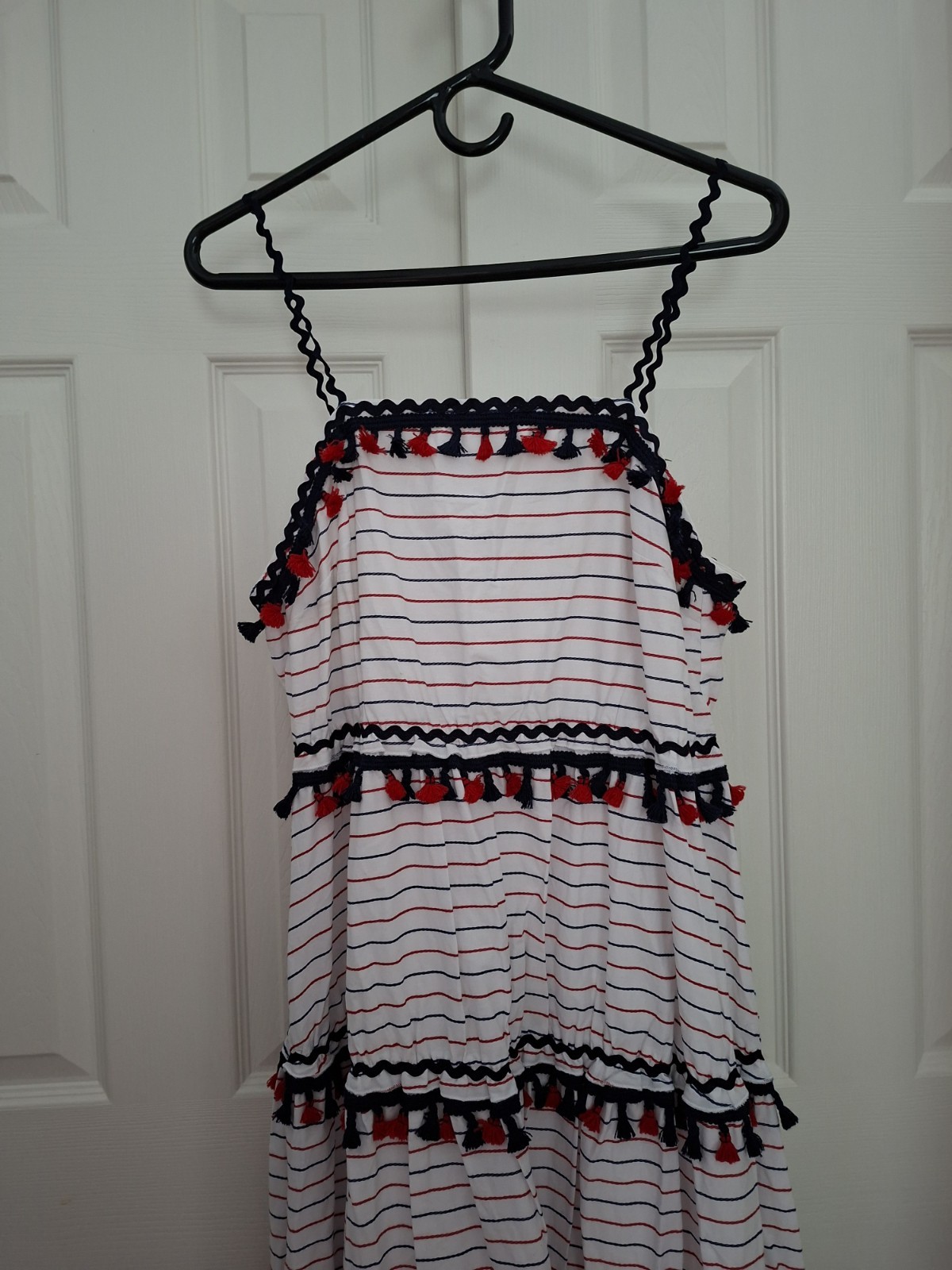 New L’ATISTE Boho Tiered White Blue Red Cotton Maxi Dress Size Medium or Large