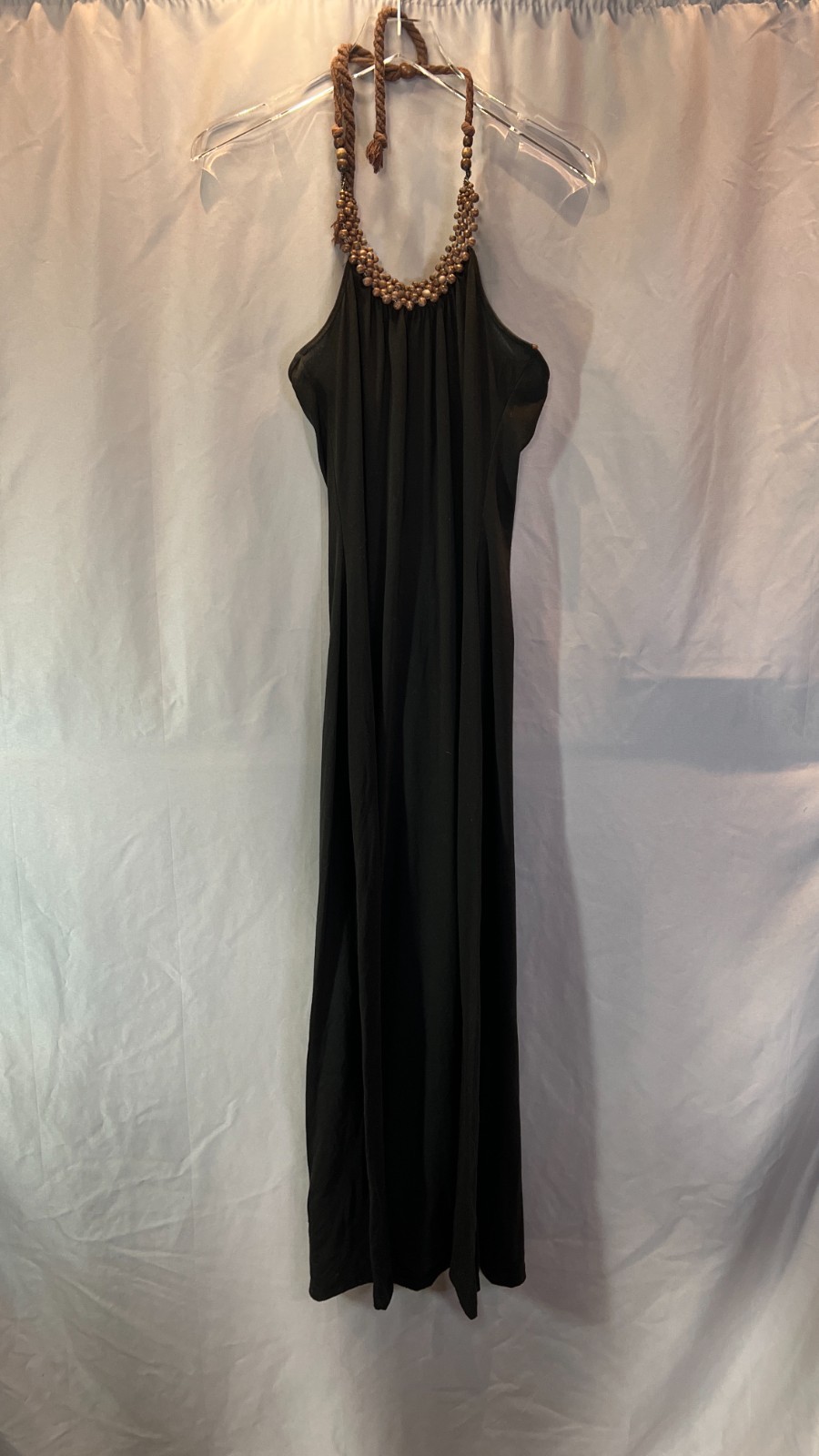 Vintage L8ter Halter Maxi Dress Womens Small Black Wooden Beads Sleeveless Boho