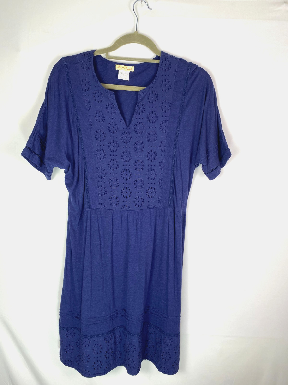 Sweet Magnolia Nave Blue Eyelet Embroidered Shirt Dress Sz M Prairie Twee Boho