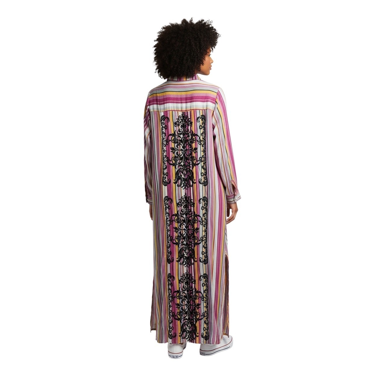 Savanna Jane XL Striped Embroidered Maxi Shirt Dress Pink Yellow Boho M93084