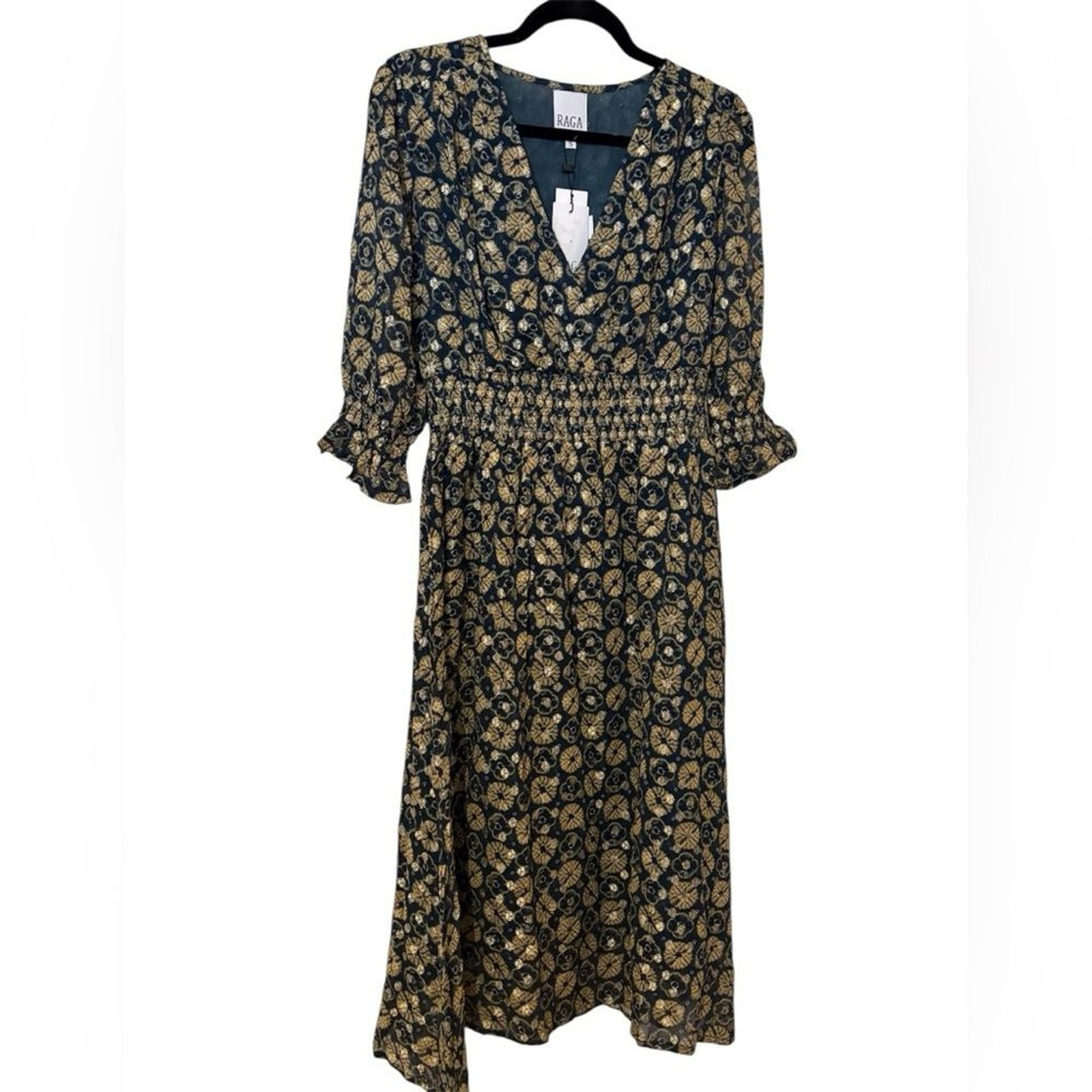 NEW RAGA Boho Fall 2025 Dress Tanea Midi Smocked Waist Metallic Gold Navy Anthro