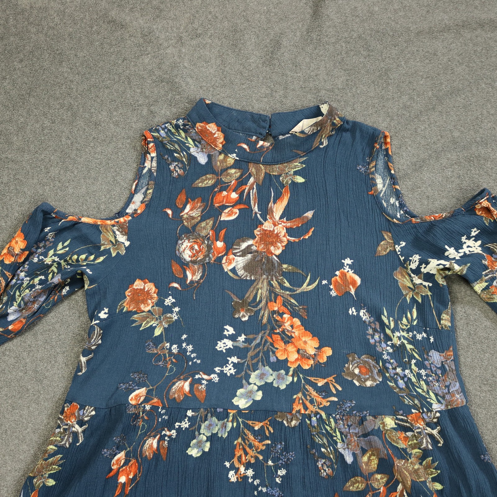 Altar’d State Floral Cold Shoulder Mini Dress Button Neck Bell Sleeve Blue L