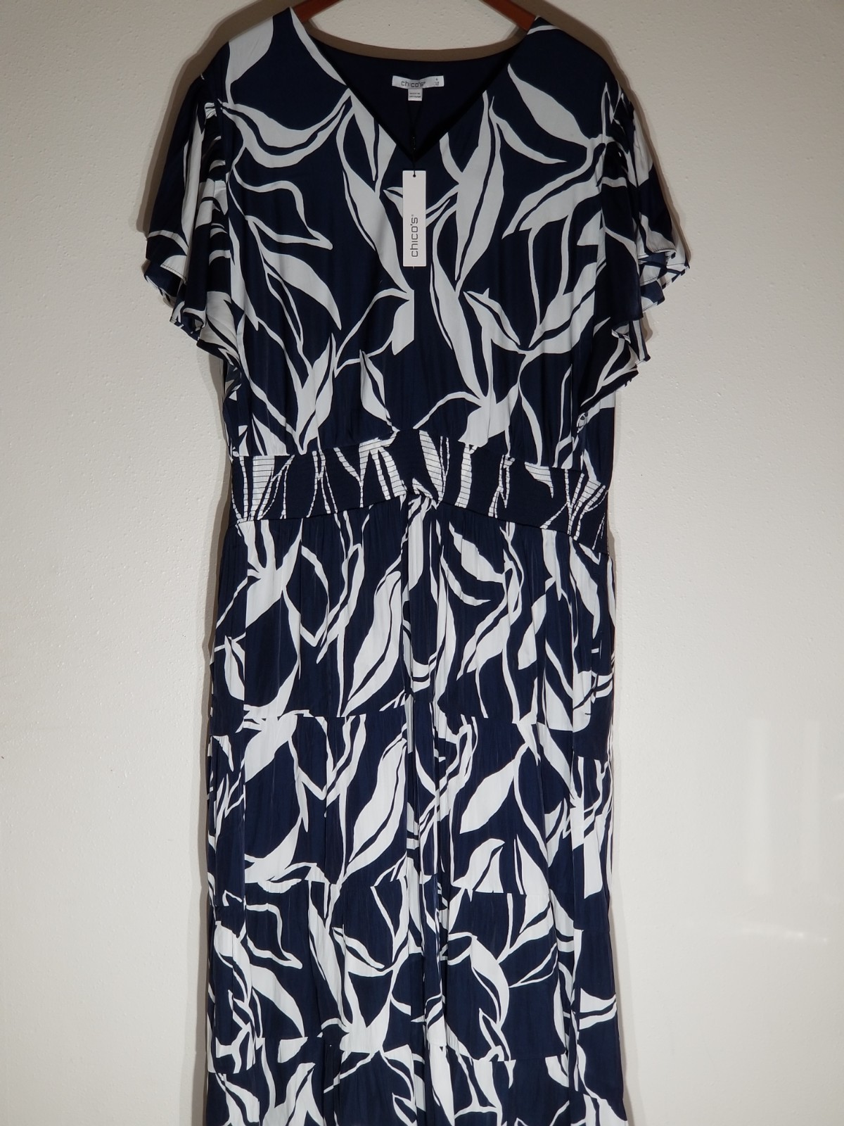 Chico’s Maxi Dress Palace tier Flutter Sleeve Navy Pockets Size 4 NWT $159.00