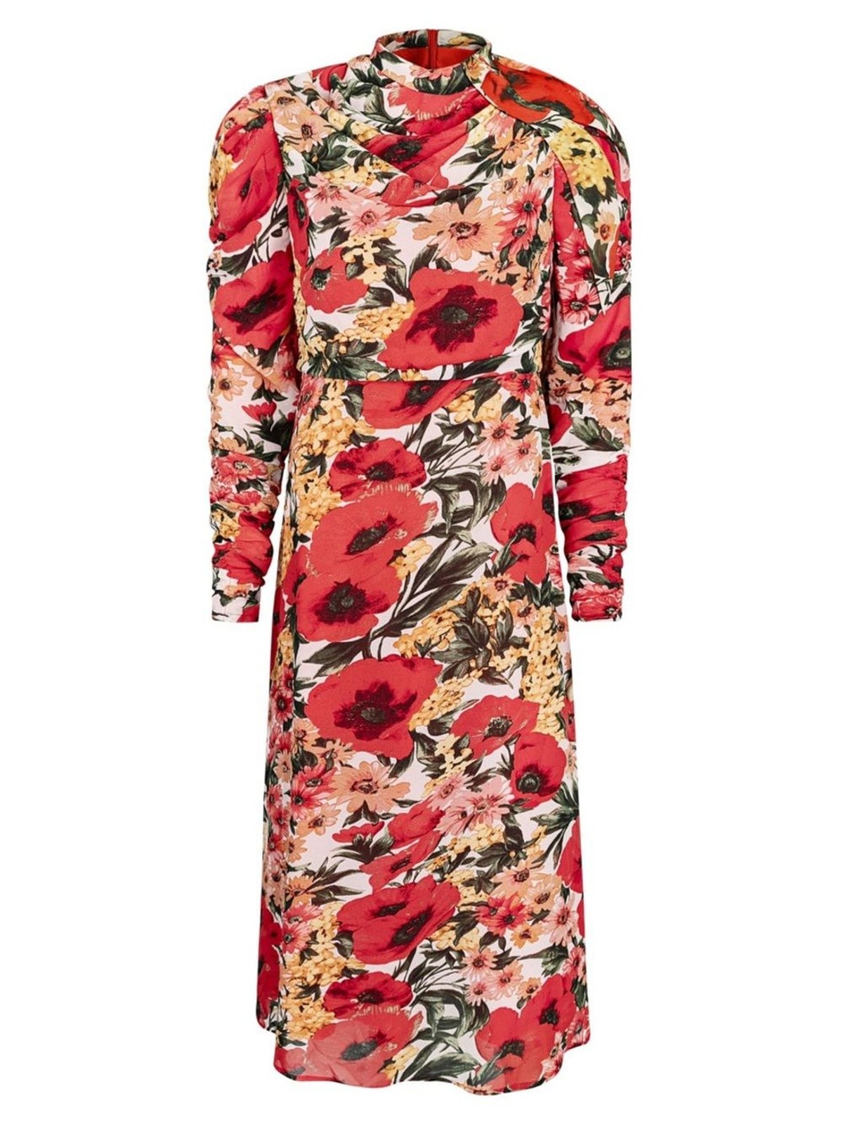 Elizabeth Pipko Esteem Couture Floral Red Puff-Sleeve Midi Dress Size L NWT