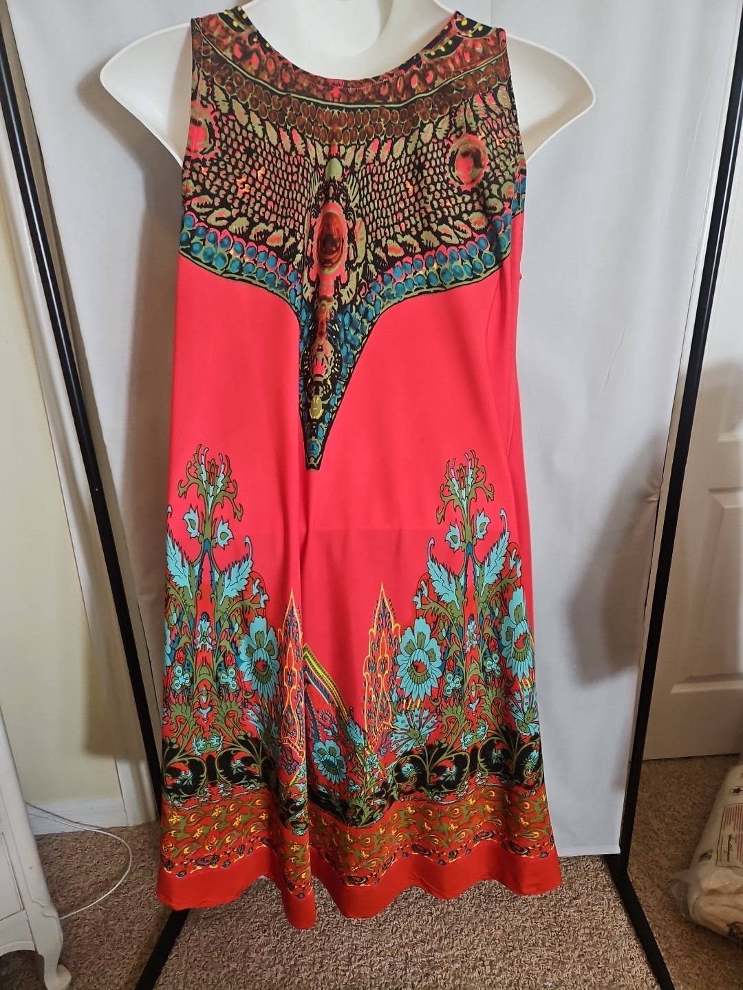 Lapogee XLarge XL Boho Peasant Mini Dress Orange Floral Paisley India Festival
