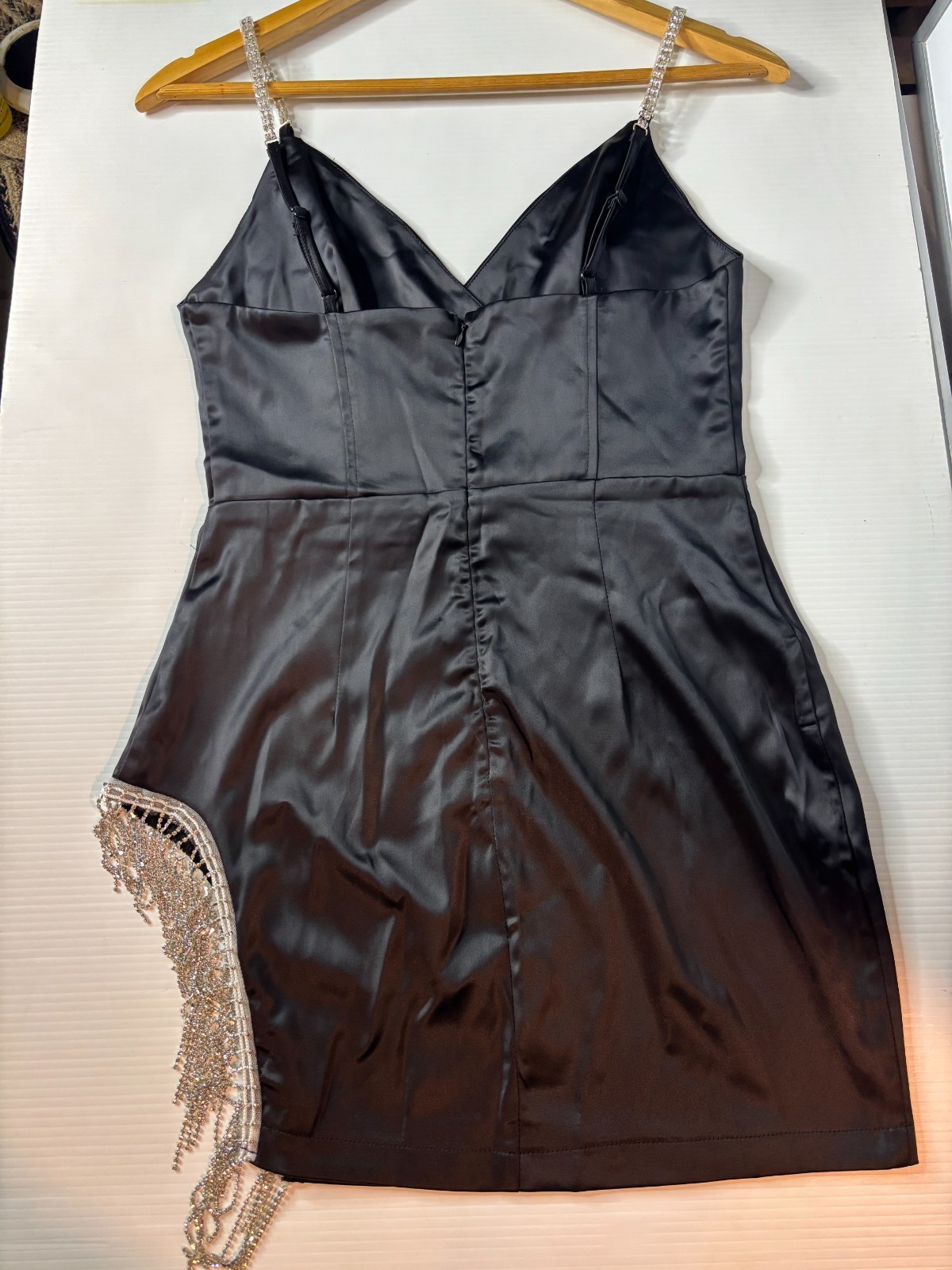 Rhinestone Crystal Fringe Cutout Satin The Heiress Birthday Mini Dress – Black M