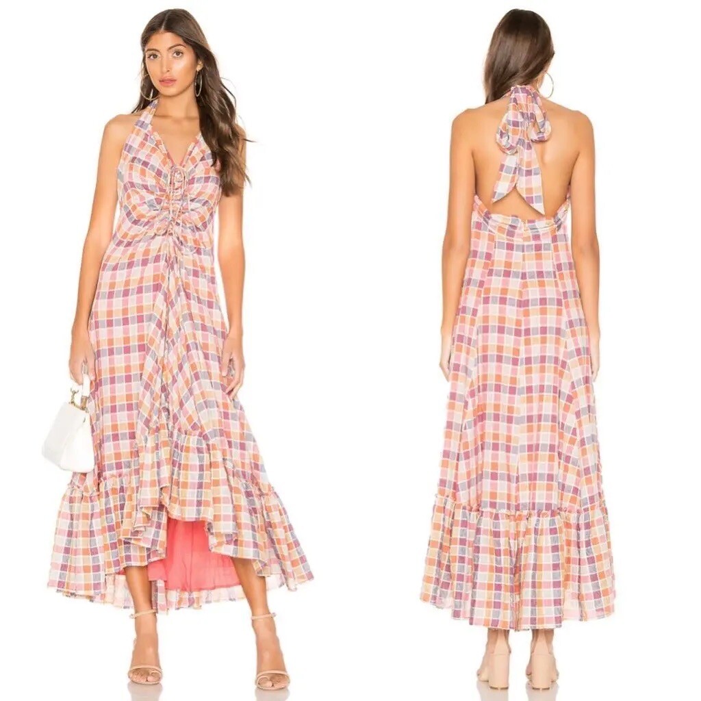 NWT Free People Rainbow Dreams Maxi Dress Ruched Plaid Pastel Halter Size 0