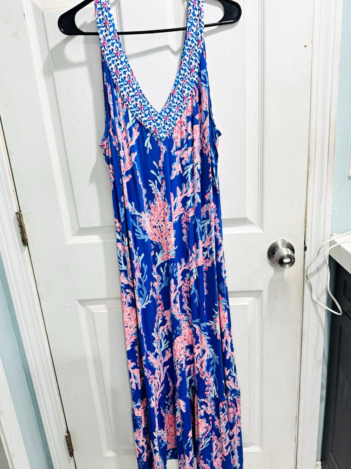 Lily Pulitzer Maxi Dress Blue Pink White V-Neck Sleeveless Pullover Size XL