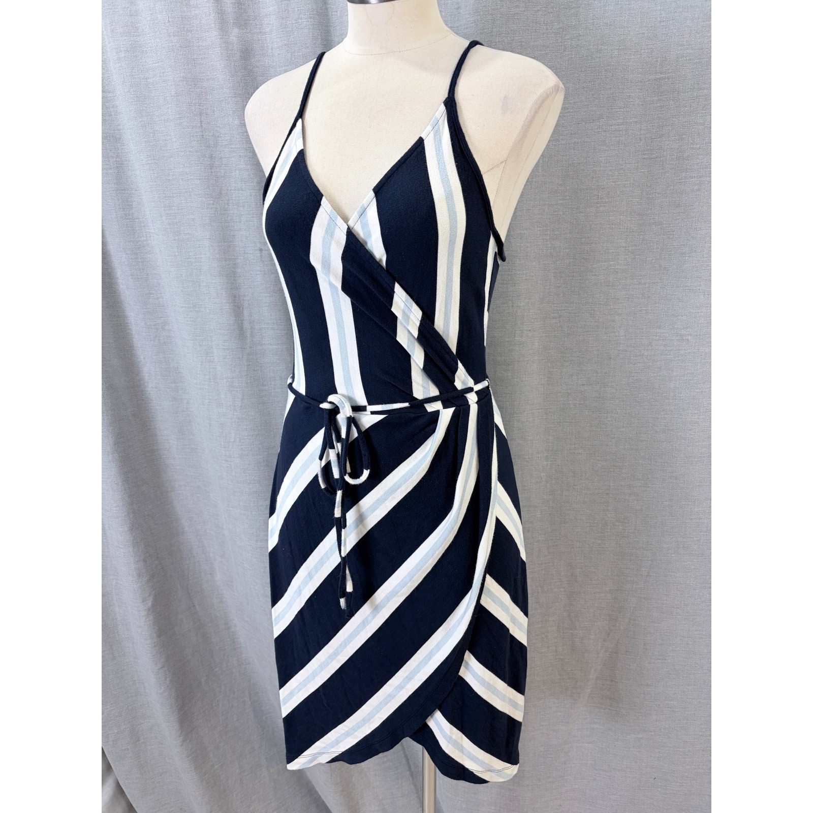 41 Hawthorn Navy Blue White Striped Sleeveless Faux Wrap Tulip Hem Dress PM