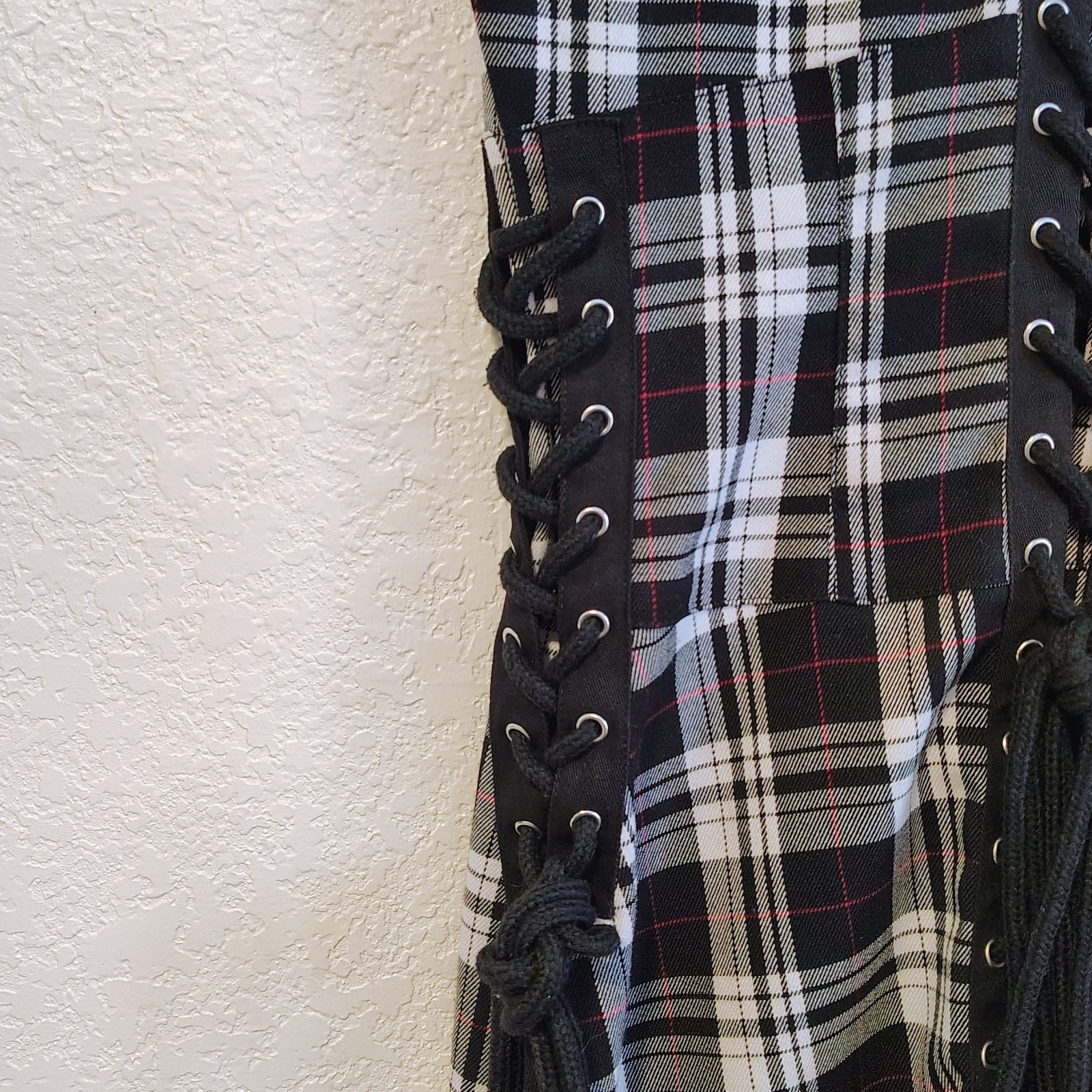 Hell Bunny Size Large Black White Plaid Corset Dress O-Rings Lace Up Sides Back