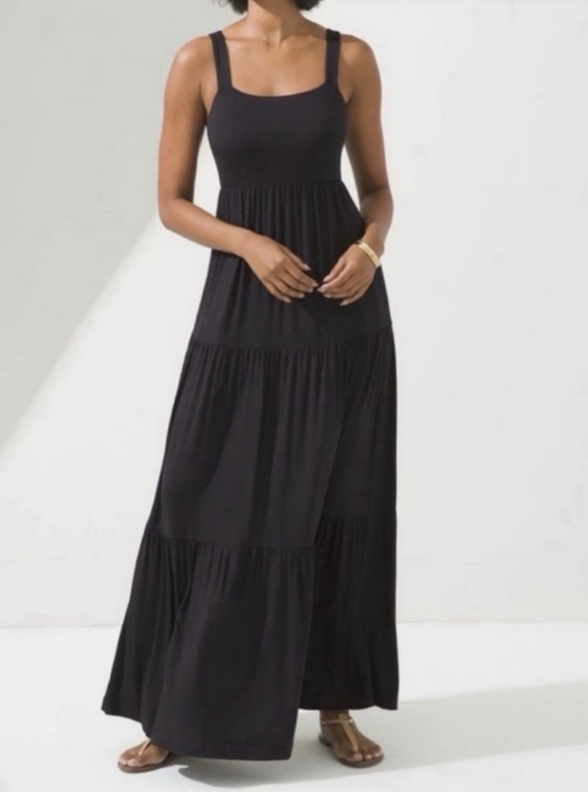 Soma Black Tiered Maxi Dress Square Neck Smocked Back Sleeveless Medium Boho