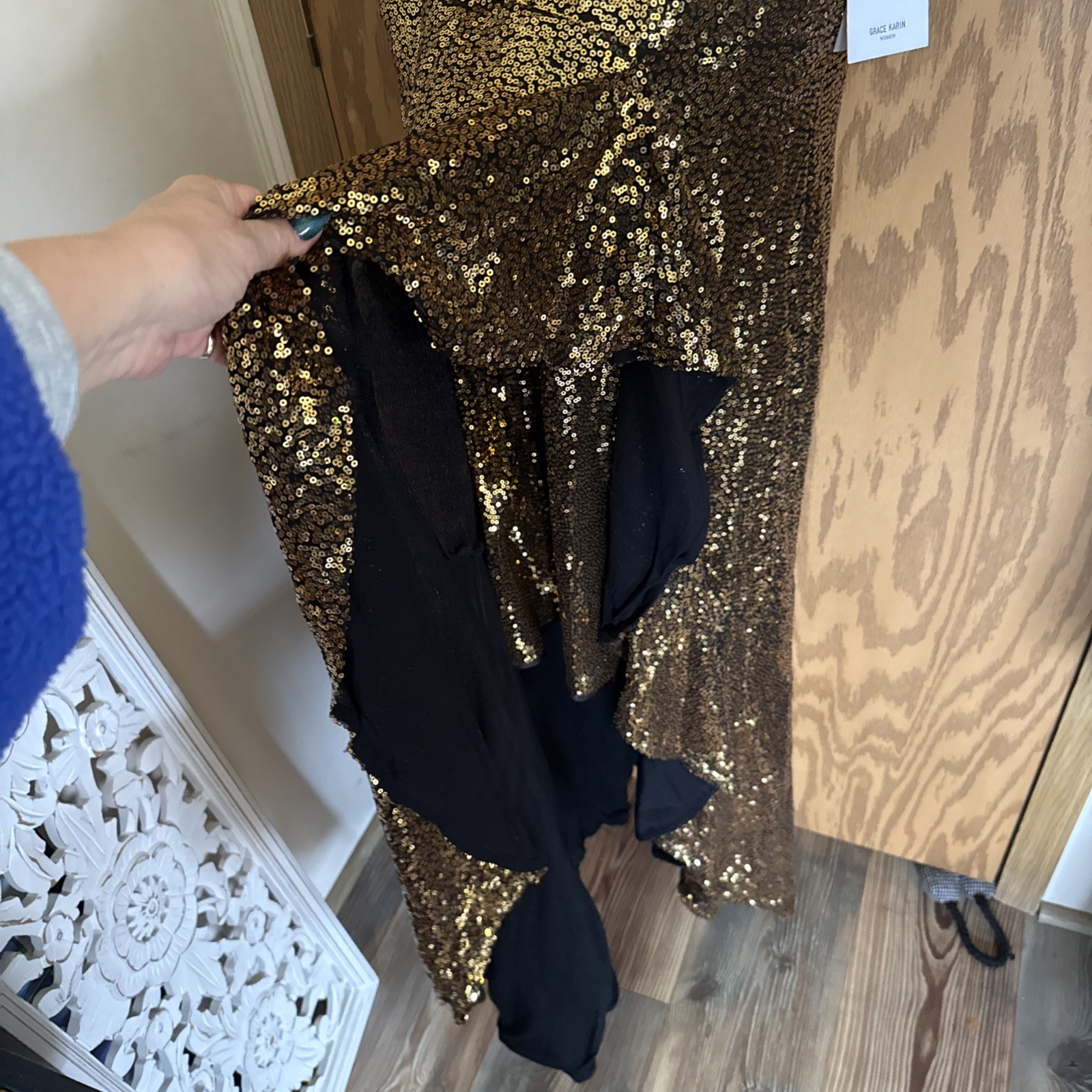 Grace Karin Dress Gold Sequin Sleeveless Ruffle Slit Super Pretty Large