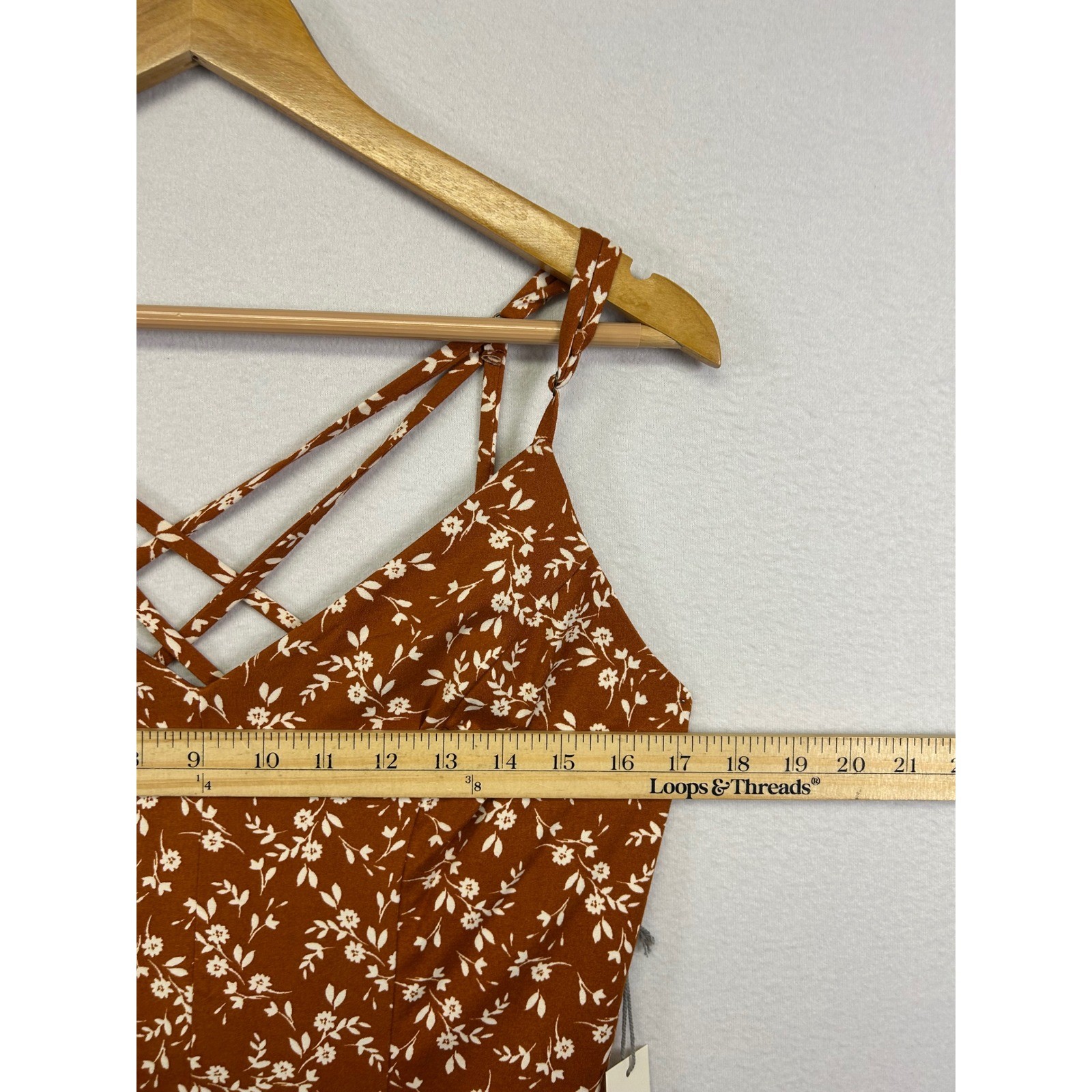 Cottagecore Nine Britton Womens Large Rust Floral Strappy Criss Cross Mini Dress