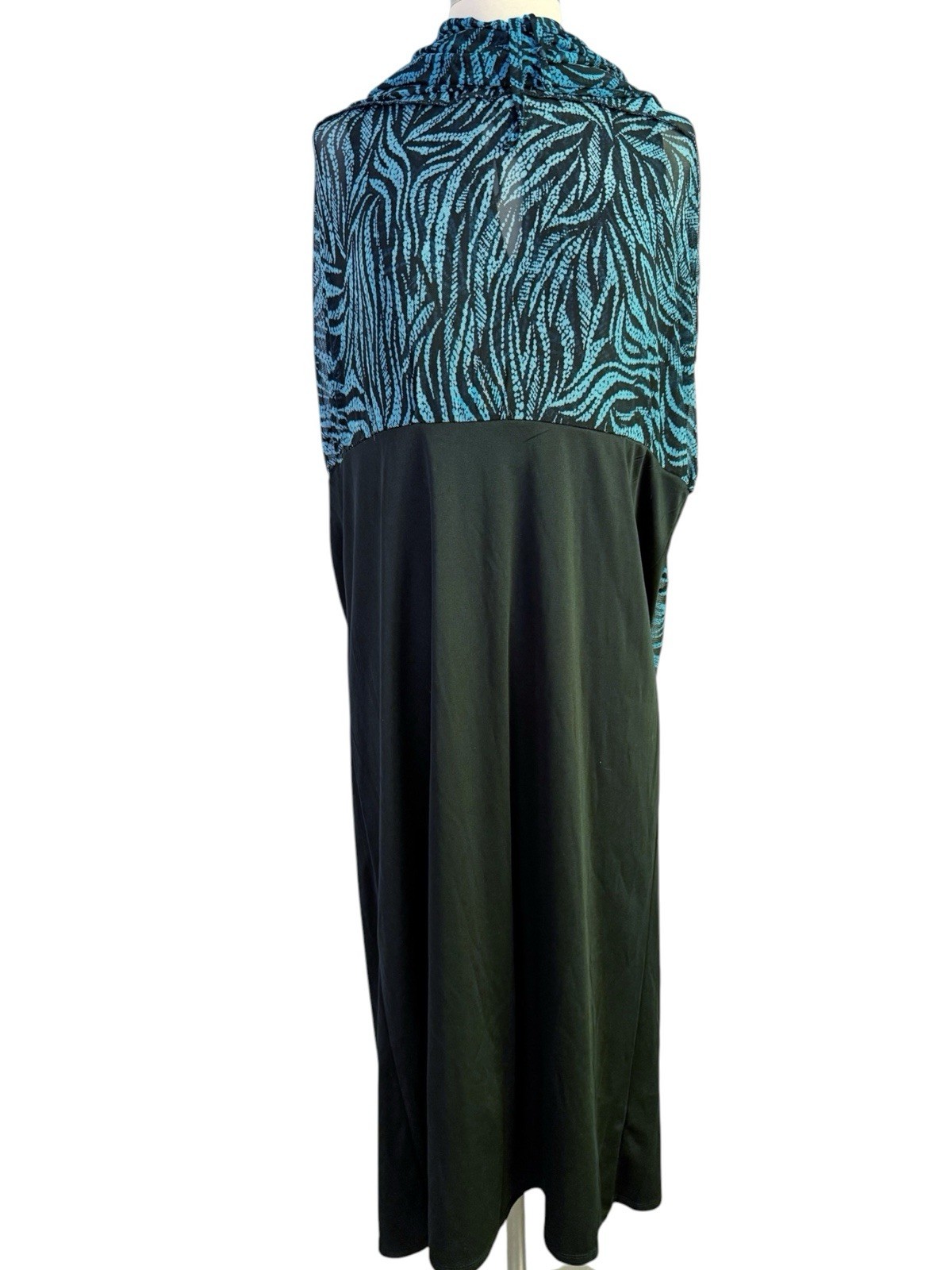 Harper 241 Blue Mesh Lined Leaf Print Tiered Boho Tie Neck Maxi Dress M