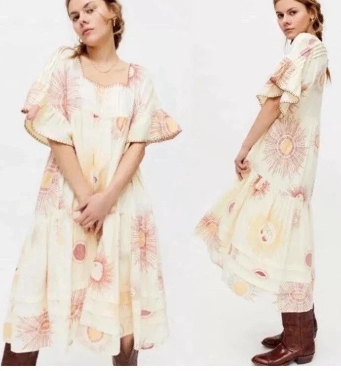 Urban Outfitters Boho Sun Moon Eclipse Dress Tiered Midi Lined Women Sz SM 43″