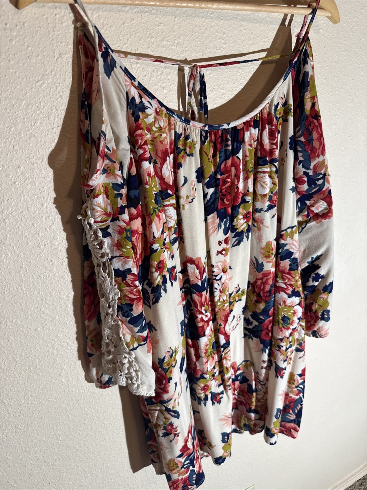 Umgee Med. Floral Boho Off Shoulder Mini Dress Crocheted Detailing Cotton Blend