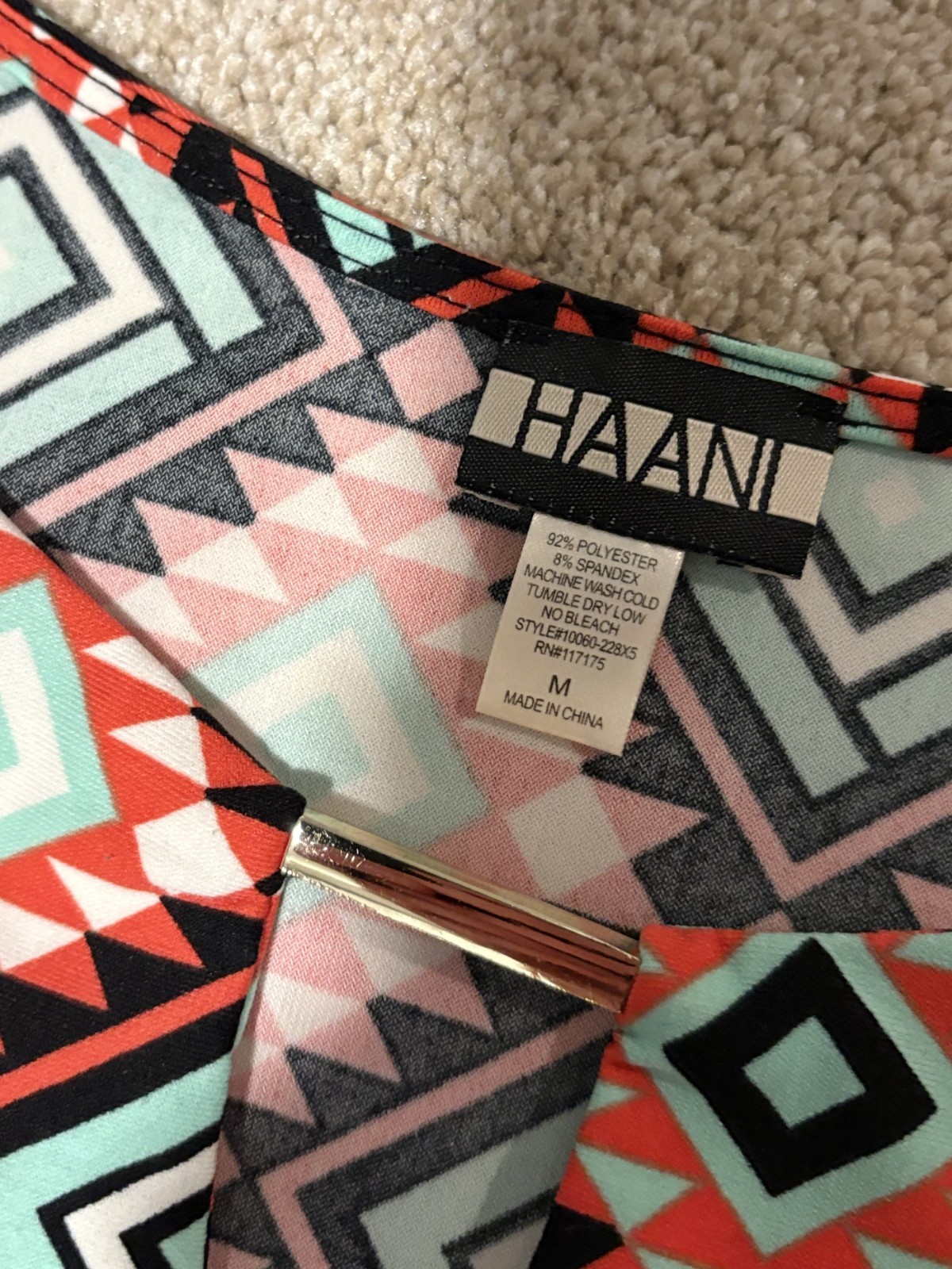 Haani Womens Mod Tunic Dress Bell Sleeve Stretch Aztec Salmon Turqiouse Sz M