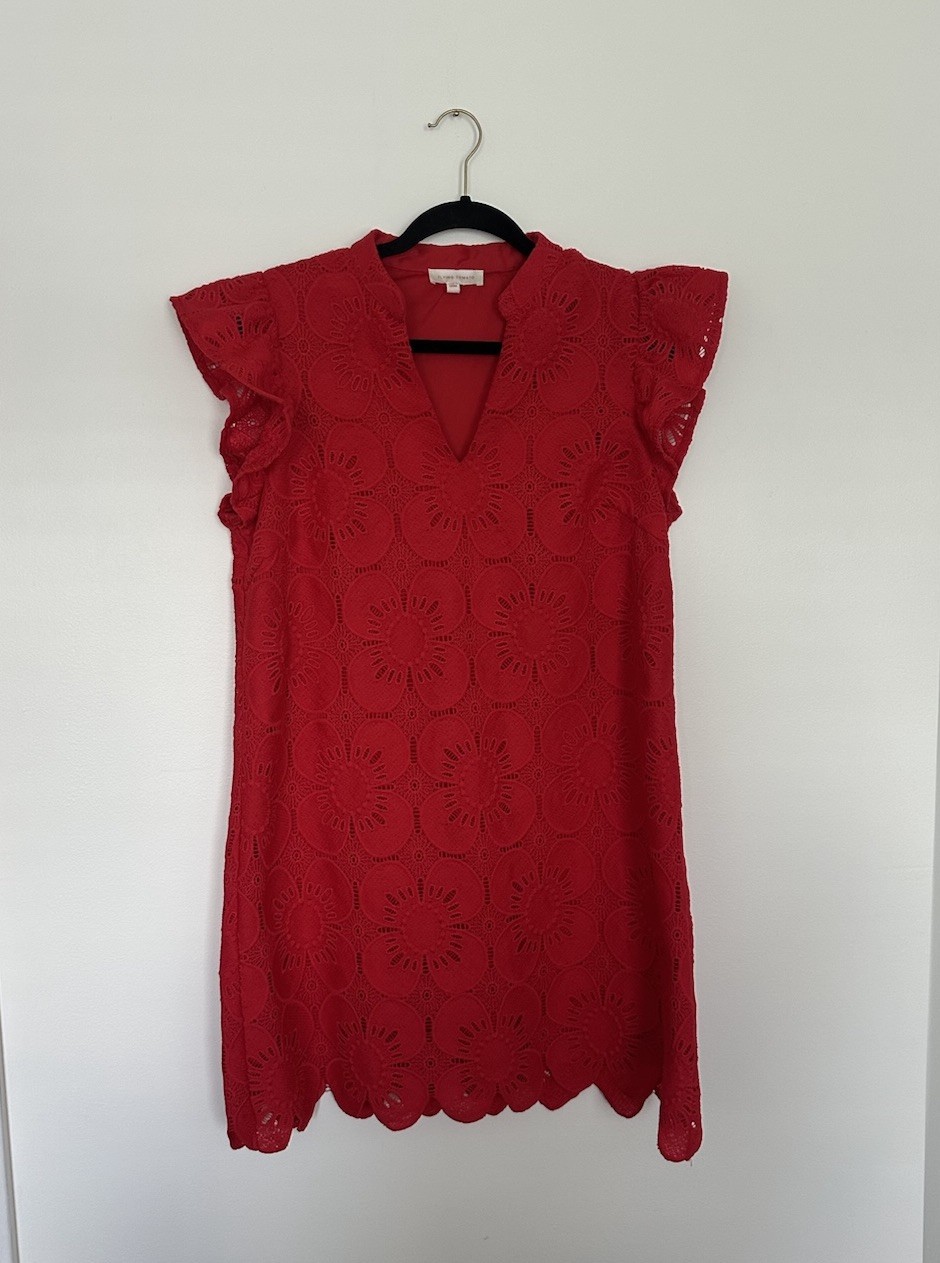 Flying Tomato Red Lace Shift Dress V-Neck Ruffle/Scalloped Lined Short M