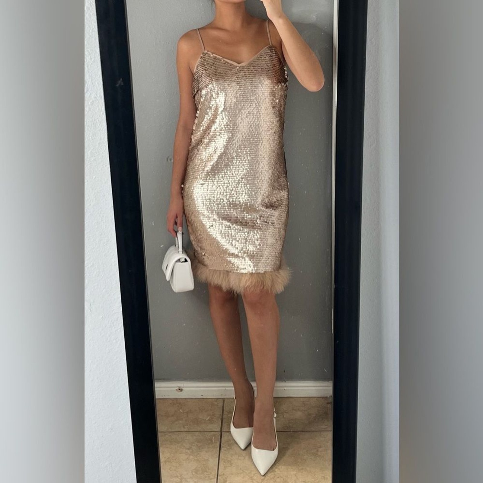 NWT CeCe gold sparkly Sequin Feather Trim sheath Dress 6 Party Glam night out
