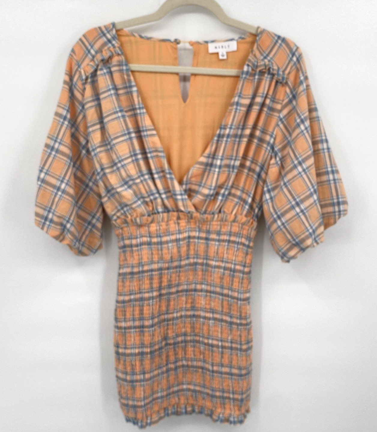 Mable Dress Womens Small Orange Plaid Puff Sleeve Smocked Bodice Babydoll NWT