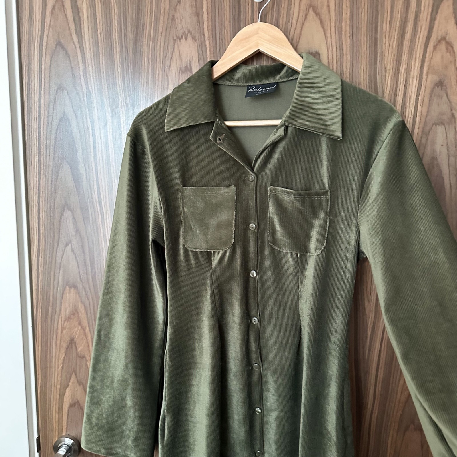 Reclaimed Vintage Khaki Olive Green Soft Ribbed Cord Button Mini Shirt Dress S