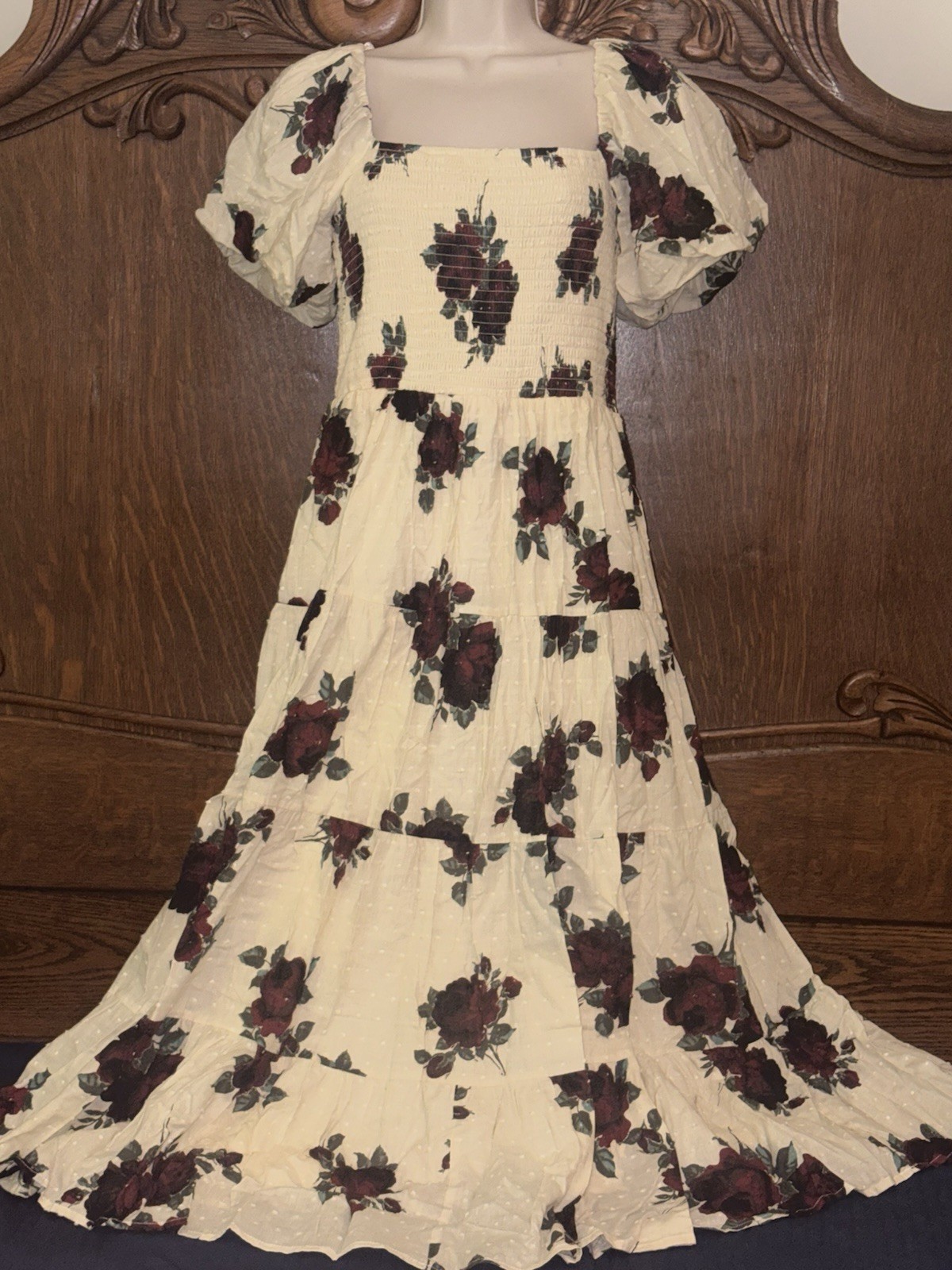 francesca’s Ivory Burgundy Floral Square Neck Puff Sleeve Smocked Maxi Dress S