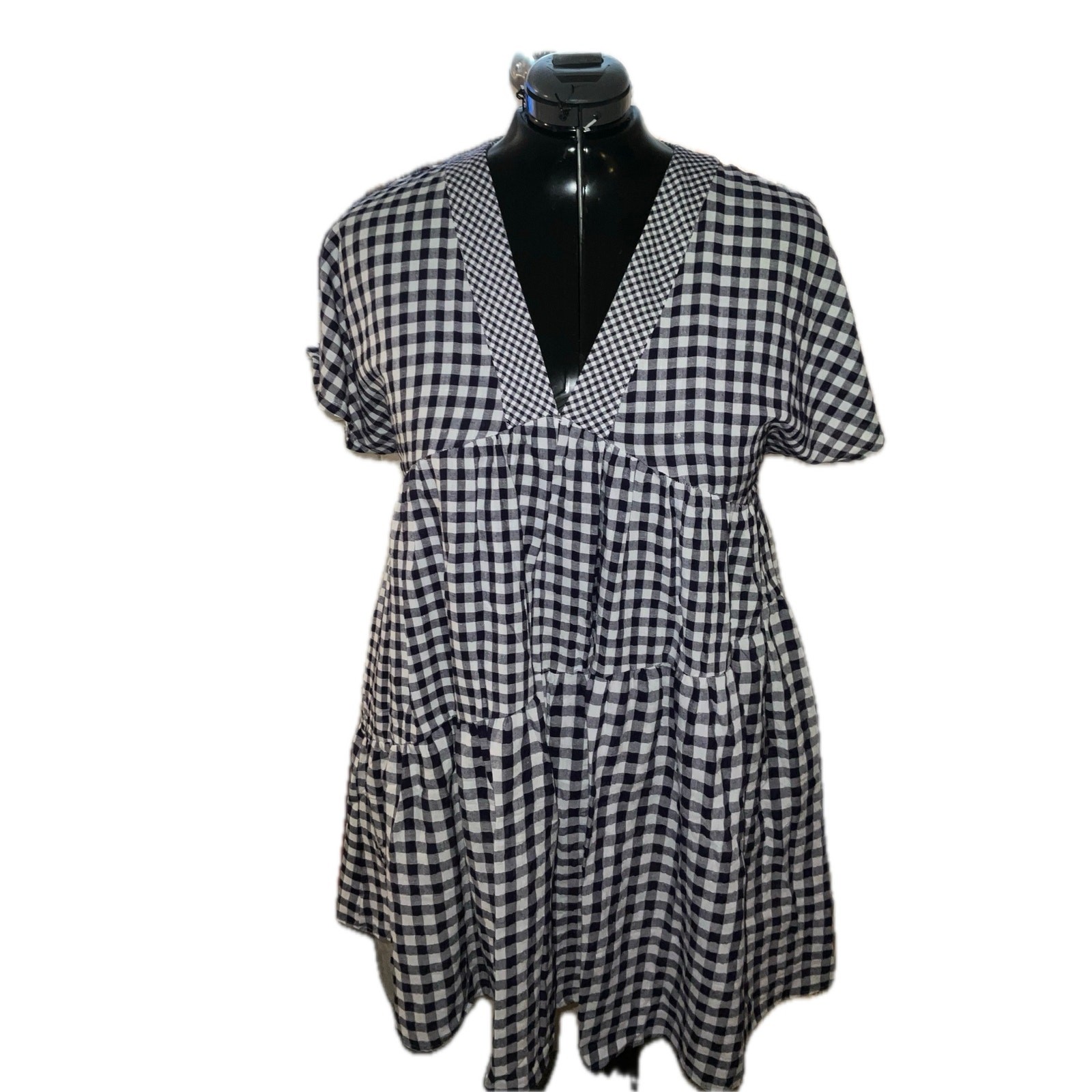 Anthropologie 11.1 Tylho Navy Gingham Tiered Swing Dress V-Neck M NWT