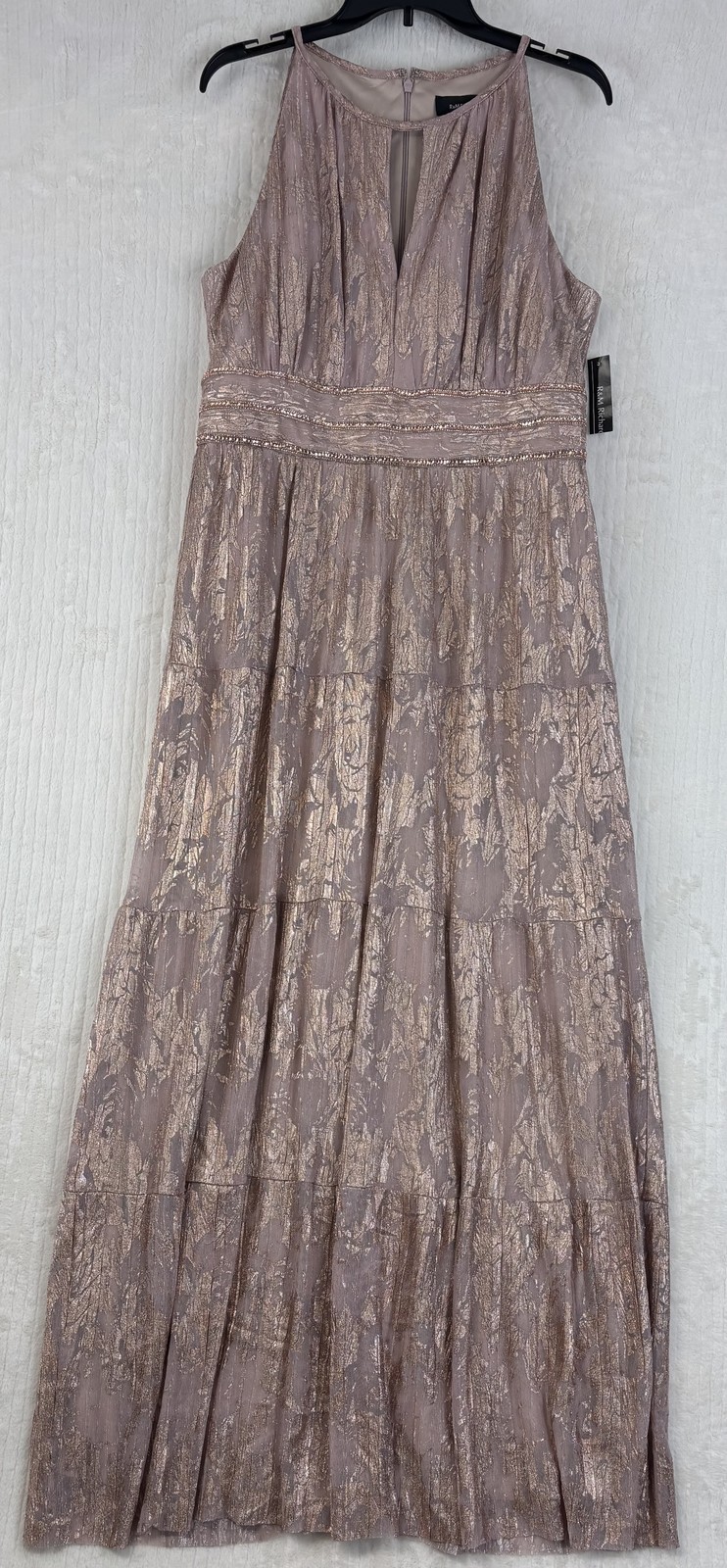 R&M Richards Women’s Pink Gold Metallic Beaded Tiered Maxi Dress Size 16 NWT