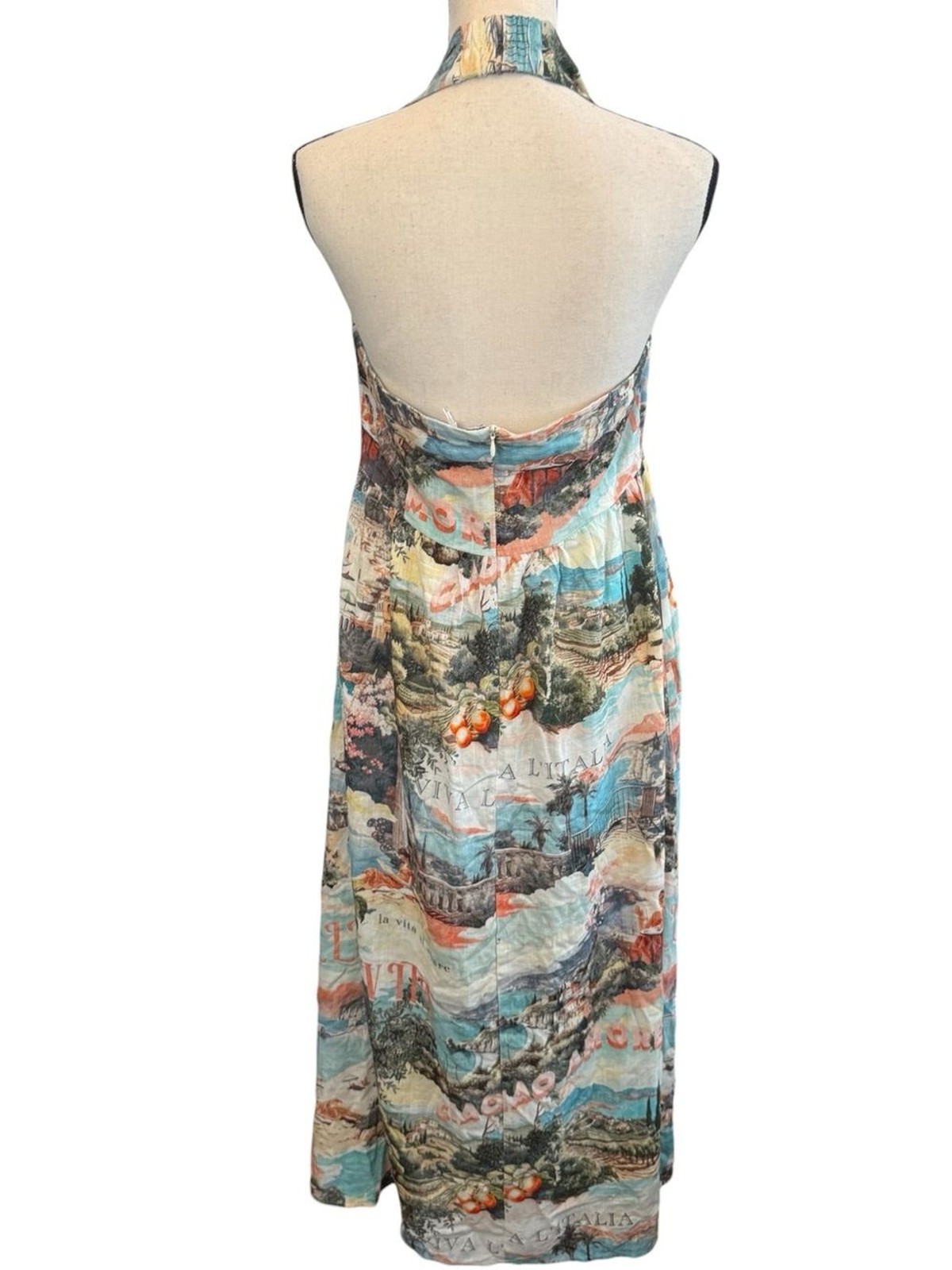 NWT White Closet Rayon Linen Blend Halter Maxi Blue Beige Summer Dress Women L